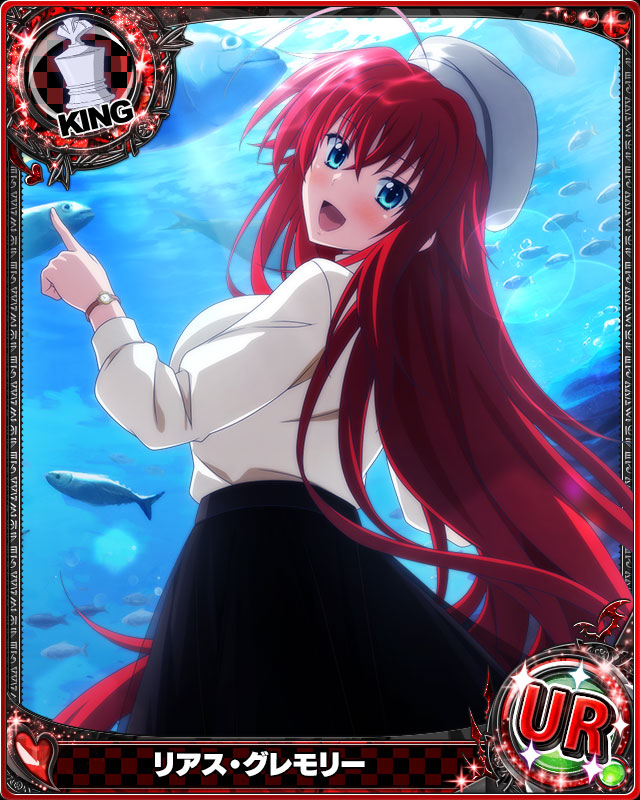 1girl ahoge aquarium blue_eyes breasts card_(medium) chess_piece fish hair_between_eyes hat heart high_school_dxd king_(chess) large_breasts long_hair long_sleeves looking_at_viewer official_art open_mouth redhead rias_gremory skirt solo tongue very_long_hair watch
