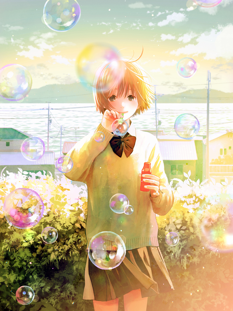 1girl ahoge bottle bow bowtie brown_bow brown_bowtie brown_hair brown_skirt bubble bubble_blowing bush closed_mouth cowboy_shot gradient_sky highres holding holding_bottle house light_blush light_particles long_sleeves looking_at_viewer mountainous_horizon nakamura_hinata ocean original outdoors photo_background pleated_skirt power_lines school_uniform shirt short_hair skirt sky smile soap_bottle soap_bubbles solo standing tile_roof utility_pole wind yellow_sky