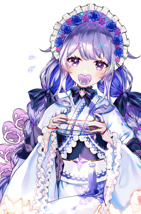 1girl animal_print blue_kimono blush bonnet braid butterfly_print embarrassed gloves gradient_hair grey_hair hololive hololive_english japanese_clothes jewel_under_eye kimono koseki_bijou koseki_bijou_(new_year) lace-trimmed_gloves lace_trim long_hair looking_at_viewer multicolored_hair official_alternate_costume pacifier purple_hair purple_headwear solo sowon twin_braids violet_eyes virtual_youtuber white_background