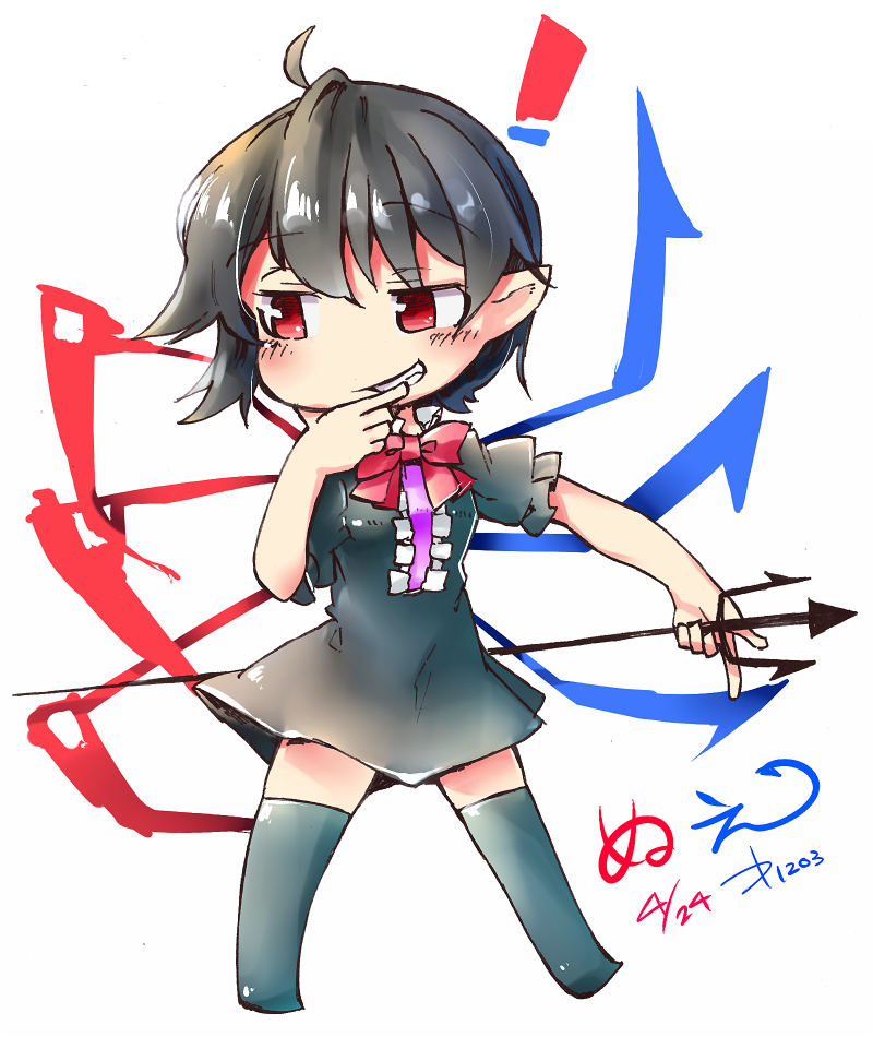 1girl asymmetrical_wings black_dress black_hairband black_thighhighs blue_wings bow bowtie center_frills chibi dress frills full_body hairband holding_trident houjuu_nue kibayashi_kimori no_shoes one-hour_drawing_challenge open_mouth pointy_ears red_bow red_bowtie red_eyes red_wings short_dress simple_background solo standing teeth thigh-highs touhou white_background wings