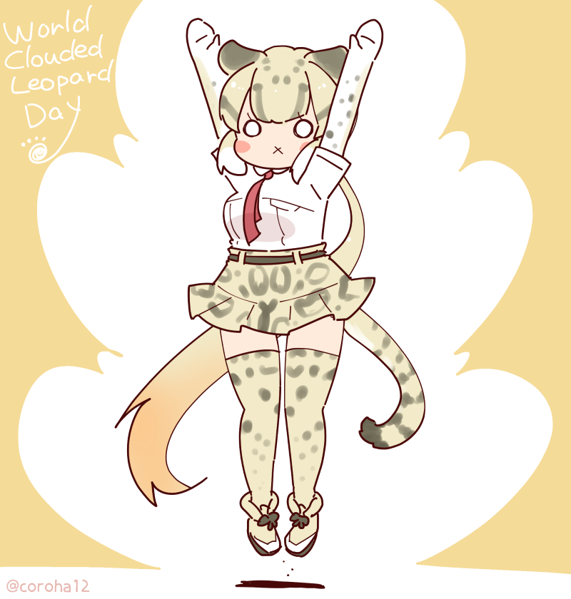 1girl animal_ears arms_up belt cat_ears cat_girl cat_tail clouded_leopard_(kemono_friends) coroha elbow_gloves extra_ears full_body gloves grey_hair jumping kemono_friends long_hair looking_at_viewer necktie shirt shoes simple_background skirt solo tail thigh-highs yellow_background