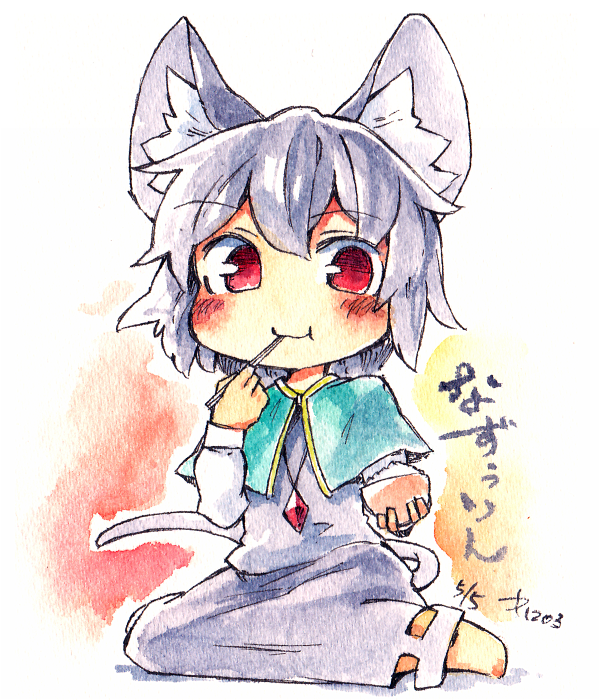 1girl animal_ear_fluff animal_ears barefoot blush bowl capelet chibi chopsticks chopsticks_in_mouth closed_mouth crystal eating full_body green_capelet grey_hair grey_skirt grey_vest hair_between_eyes holding holding_bowl holding_chopsticks jewelry kibayashi_kimori looking_at_viewer mouse_ears mouse_girl mouse_tail nazrin one-hour_drawing_challenge orange_background pendant red_eyes rice rice_bowl shirt simple_background skirt solo tail touhou vest white_background white_shirt yellow_background