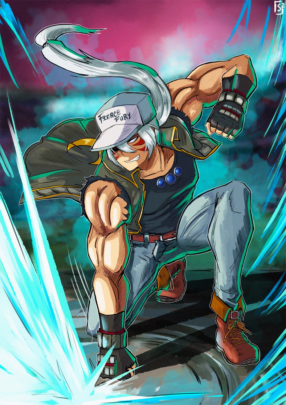 alternate_costume alternate_eye_color alternate_hair_color aura bare_arms baseball_cap belt blue_gemstone clothes_writing corruption crescent crossover dark_persona english_text evil_smile facial_tattoo fatal_fury fierce_deity fingerless_gloves gem gloves hat highres long_hair nintendo no_pupils ponytail possessed punching shoes smile snk stoic_seraphim super_smash_bros. tattoo terry_bogard the_king_of_fighters the_legend_of_zelda the_legend_of_zelda:_majora's_mask white_eyes white_hair
