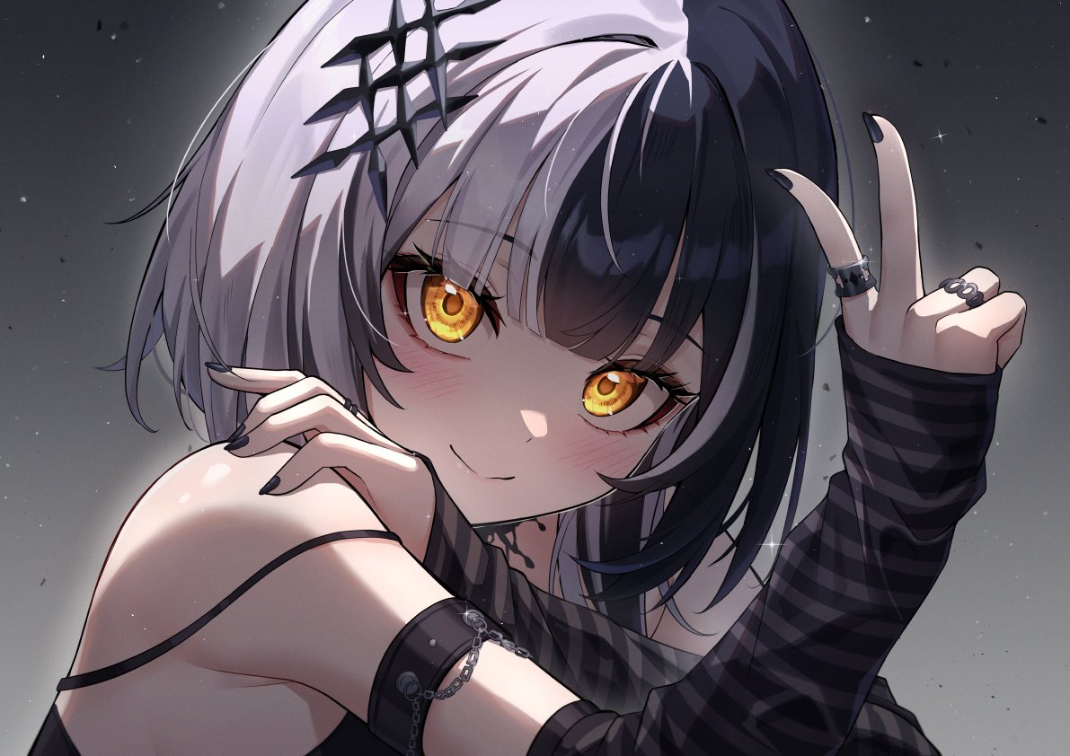1girl ardenlolo arm_warmers bare_shoulders black_hair black_nails blush close-up fingernails grey_hair hair_ornament hololive hololive_english looking_at_viewer multicolored_hair nail_polish shiori_novella shiori_novella_(1st_costume) smile solo split-color_hair striped_arm_warmers two-tone_hair v virtual_youtuber yellow_eyes