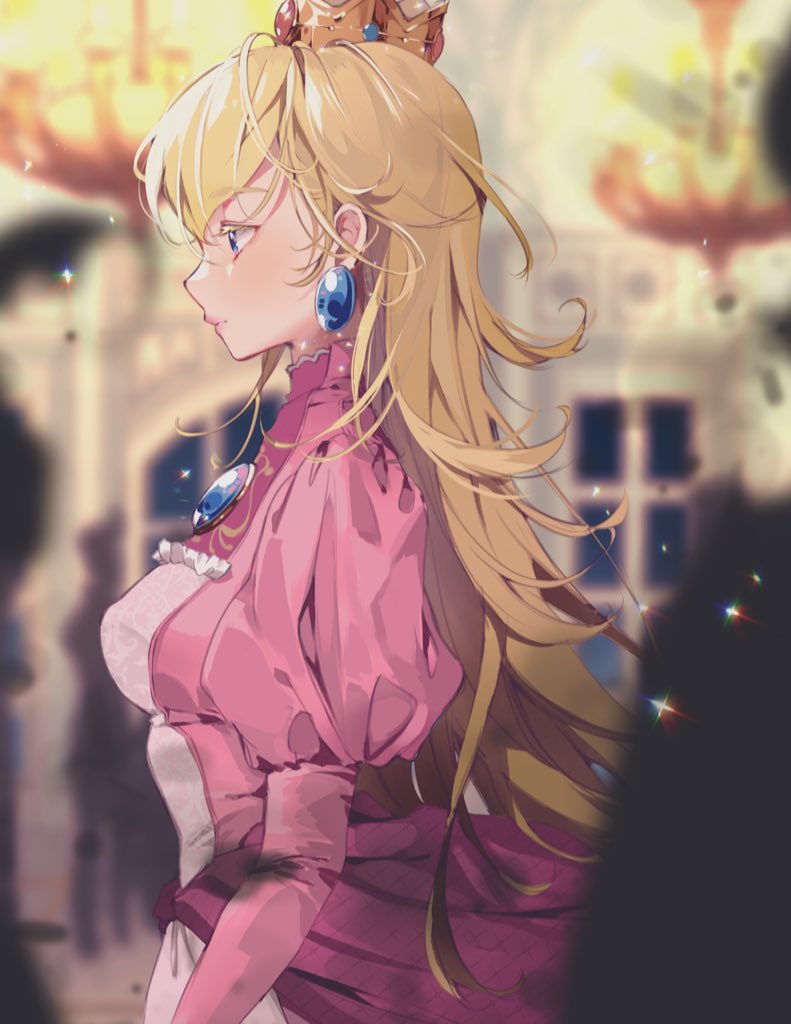 1girl blonde_hair blue_eyes blurry blurry_background breasts closed_mouth crown dress earrings jewelry lips long_hair long_sleeves making-of_available medium_breasts nachoz_(nachozart) pink_dress princess_peach profile puffy_long_sleeves puffy_sleeves solo super_mario_bros.