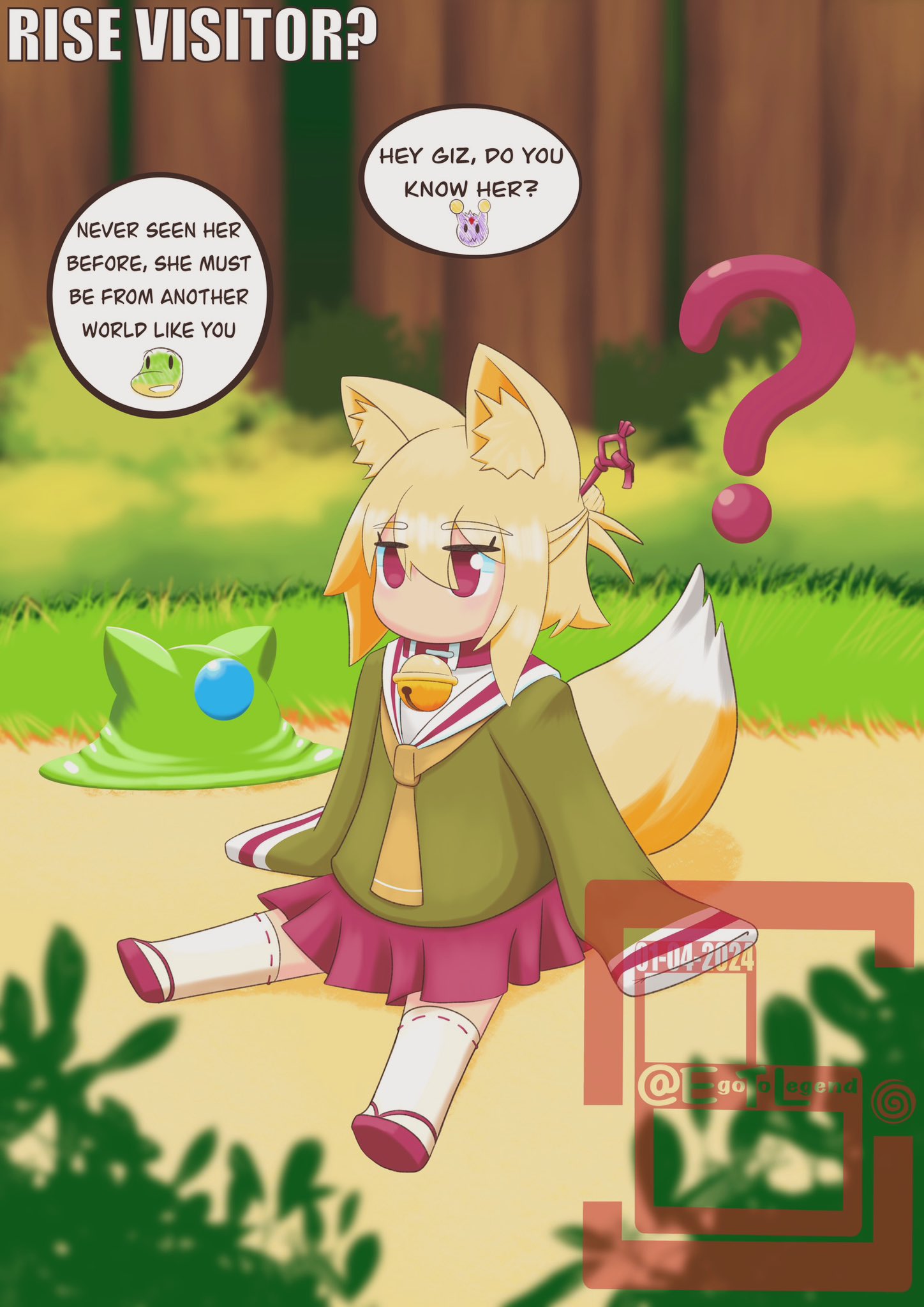 1girl animal_ears bell blonde_hair blurry blurry_background blurry_foreground borrowed_character brown_necktie collar commentary day depth_of_field english_commentary english_text exbea-kin: eyes_visible_through_hair forest fox_ears fox_girl fox_tail full_body green_shirt hair_between_eyes hair_bun hair_ornament highres jingle_bell kemomimi-chan_(naga_u) long_sleeves nature neck_bell necktie on_grass original outdoors pleated_skirt purple_collar purple_footwear purple_skirt ribbon-trimmed_legwear ribbon_trim sailor_collar shirt shoe_soles sitting skirt sleeves_past_fingers sleeves_past_wrists slime_(creature) tail thigh-highs violet_eyes watermark white_sailor_collar white_thighhighs zouri
