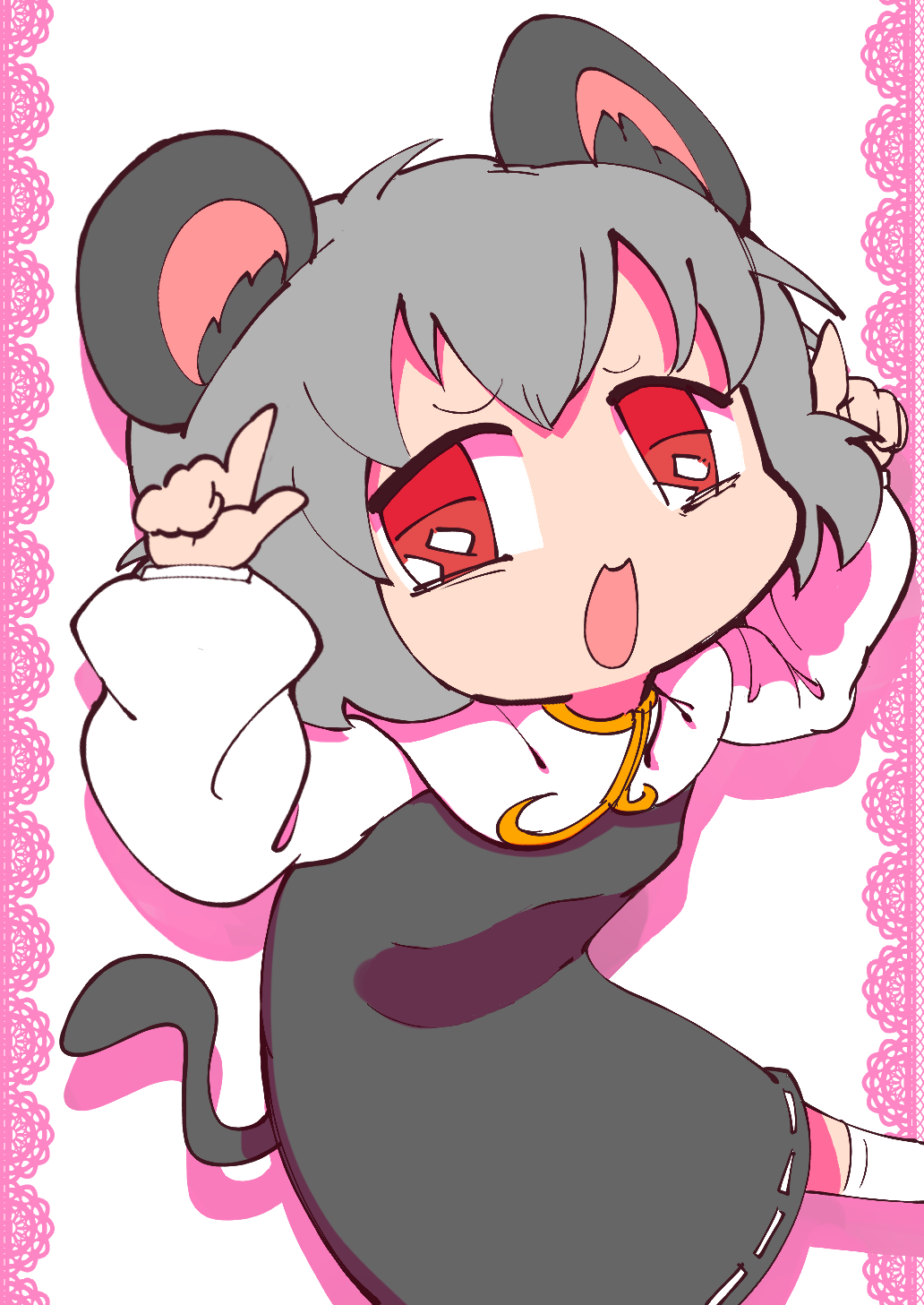 1girl animal_ears colored_shadow commentary_request cookie_(touhou) dress drop_shadow feet_out_of_frame flat_chest grey_dress grey_hair highres lace_background long_sleeves looking_at_viewer medium_bangs mouse_ears mouse_girl mouse_tail nazrin nyon_(cookie) open_mouth parupunte_(nicoseiga51964270) pointing pointing_up red_eyes shadow shirt short_hair sleeveless sleeveless_dress smile socks solo tail touhou white_background white_shirt white_socks