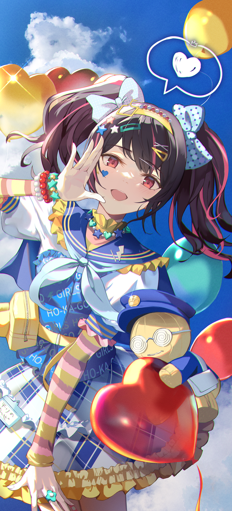 1girl balloon black_hair blue_neckerchief blue_sailor_collar bow bracelet clouds dress facial_mark hair_bow hair_ornament hairband hairclip hand_up heart heart_facial_mark highres idolmaster idolmaster_shiny_colors jewelry looking_at_viewer morino_rinze multicolored_hair multiple_bracelets name_tag neckerchief niac open_mouth plaid polka_dot polka_dot_ribbon ribbon ring sailor_collar short_hair sky solo spoken_heart star_(symbol) star_hair_ornament streaked_hair striped_arm_warmers twintails white_ribbon yellow_bag yellow_hairband
