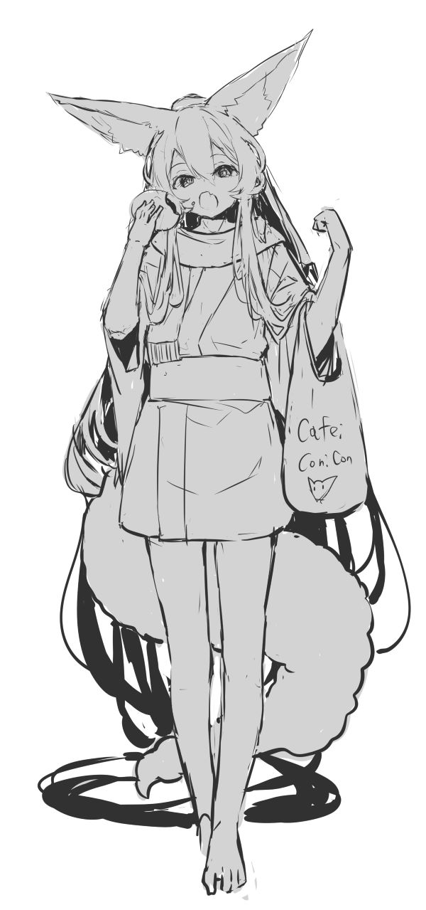 1girl absurdly_long_hair animal_ear_fluff animal_ears bag barefoot commentary_request fang food fox_ears fox_girl fox_tail full_body greyscale hair_between_eyes hand_up hands_up highres holding holding_food japanese_clothes kimono long_hair long_sleeves monochrome open_mouth original plastic_bag ponytail simple_background solo standing tail very_long_hair white_background wide_sleeves yuuji_(yukimimi)
