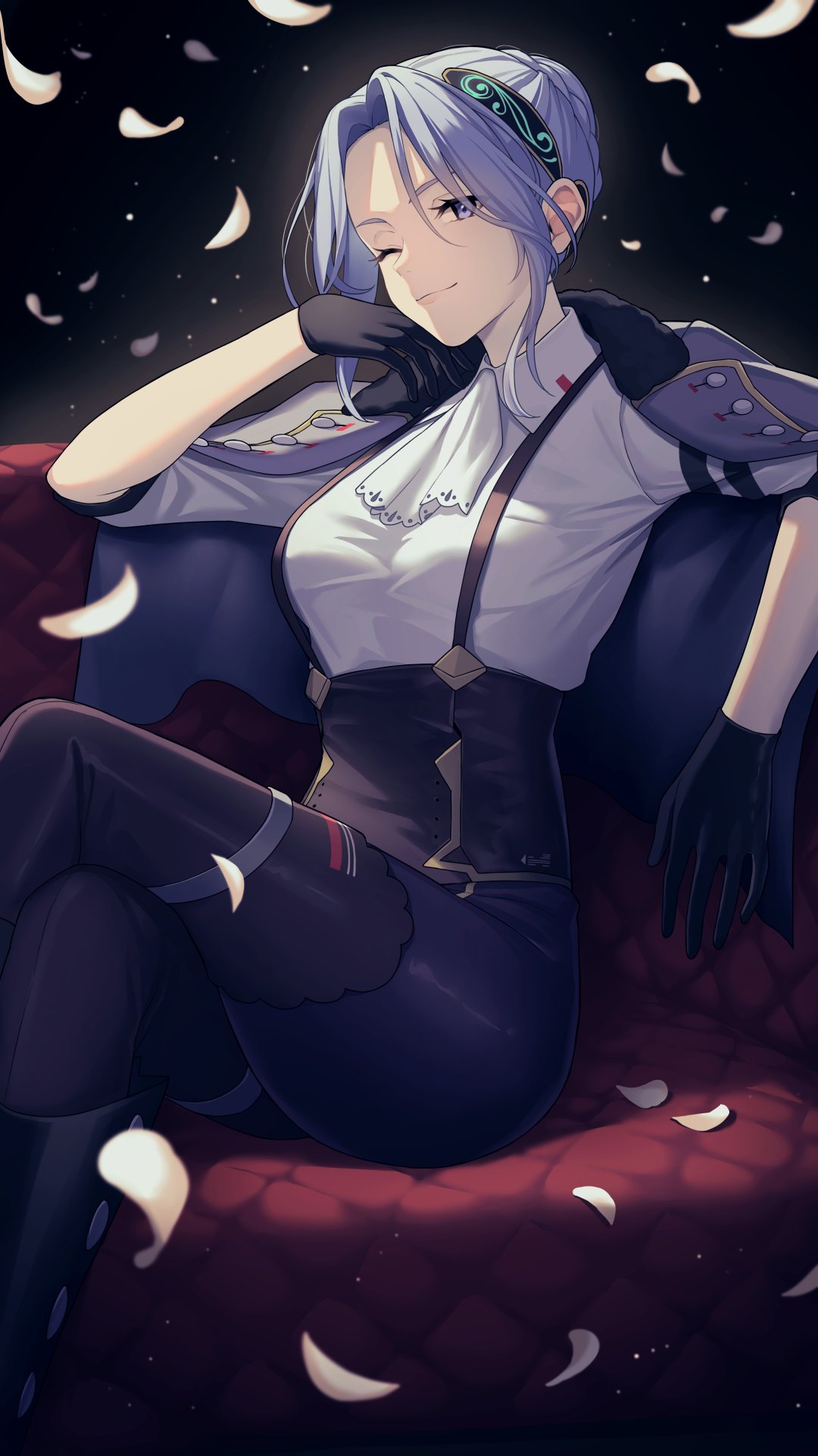 1girl ascot black_coat black_gloves black_pants blue_eyes blue_hair boots braid braided_bun breasts closed_mouth coat collared_shirt couch crossed_legs falling_petals fur-trimmed_coat fur_trim gloves hair_bun hair_ornament hanamura_shiki heaven_burns_red highres knee_boots large_breasts long_sleeves looking_at_viewer lq_saku on_couch one_eye_closed pants parted_bangs petals second-party_source shirt sitting solo suspenders upper_body white_ascot white_shirt
