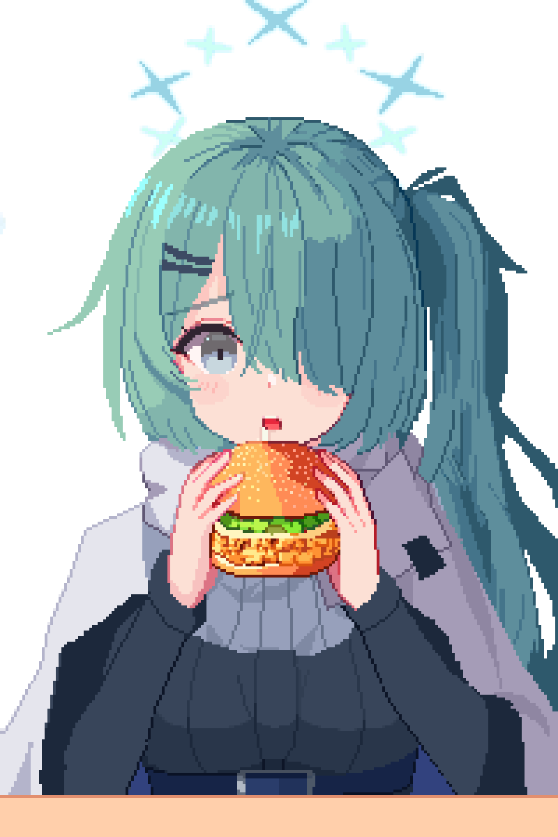 1girl blue_archive blue_hair blue_halo burger commentary drooling english_commentary food grey_eyes hair_ornament hair_over_one_eye hairclip halo highres hiyori_(blue_archive) holding holding_food long_hair long_sleeves open_mouth pixel_art saliva scarf side_ponytail simple_background solo star_halo tinia_etru white_background white_scarf