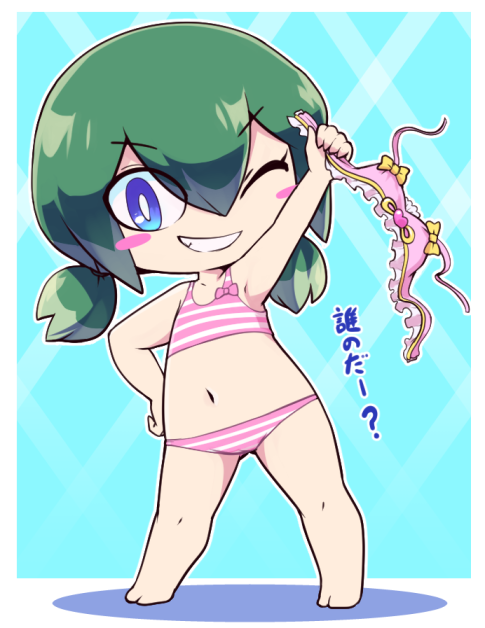 1girl barefoot blue_eyes blush_stickers character_request contrapposto flat_chest full_body green_hair grin hand_on_own_hip horizontal-striped_swimsuit looking_at_viewer navel nollety one_eye_closed short_twintails smile solo standing translated twintails youkai_watch