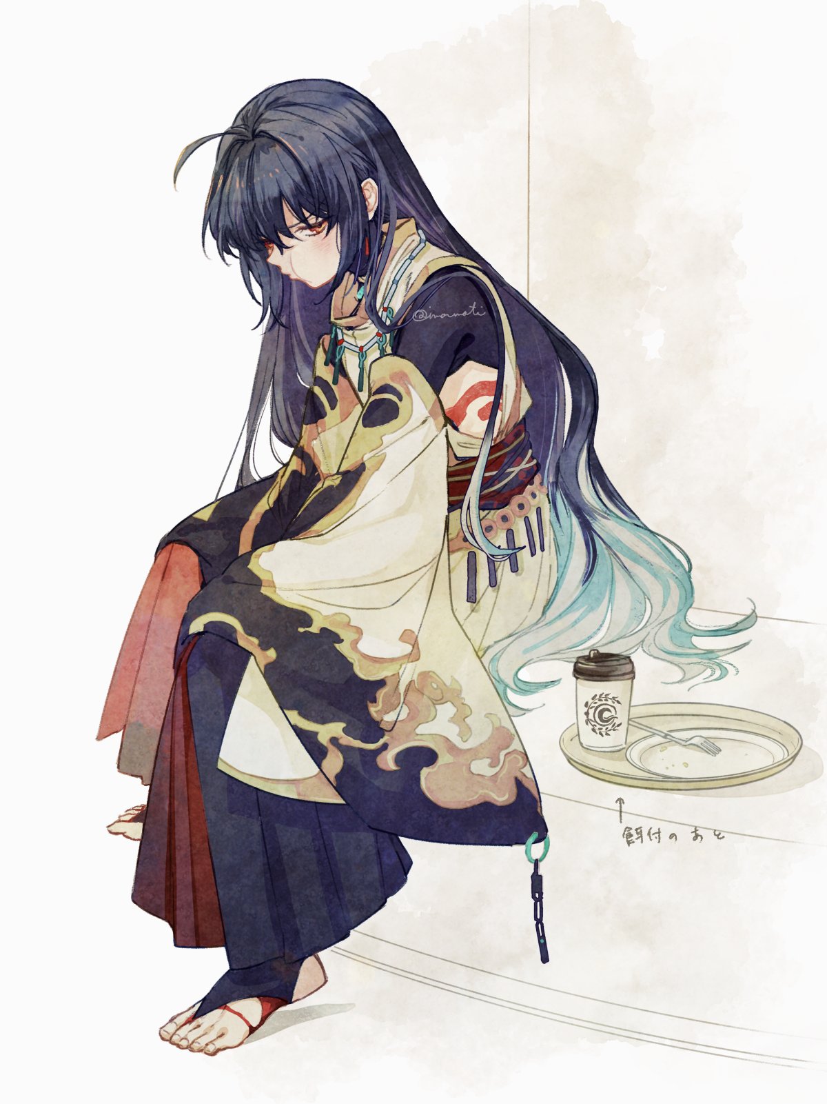 1other ahoge androgynous black_hair black_hakama chaldea_logo cup disposable_cup fate/grand_order fate/samurai_remnant fate_(series) fork gradient_hair hair_down hair_intakes hakama highres imomushi japanese_clothes long_hair multicolored_hair orange_eyes plate pout red_hakama sitting solo toeless_legwear translated tray very_long_hair white_hair yamato_takeru_(fate) yamato_takeru_(third_ascencion)_(fate)