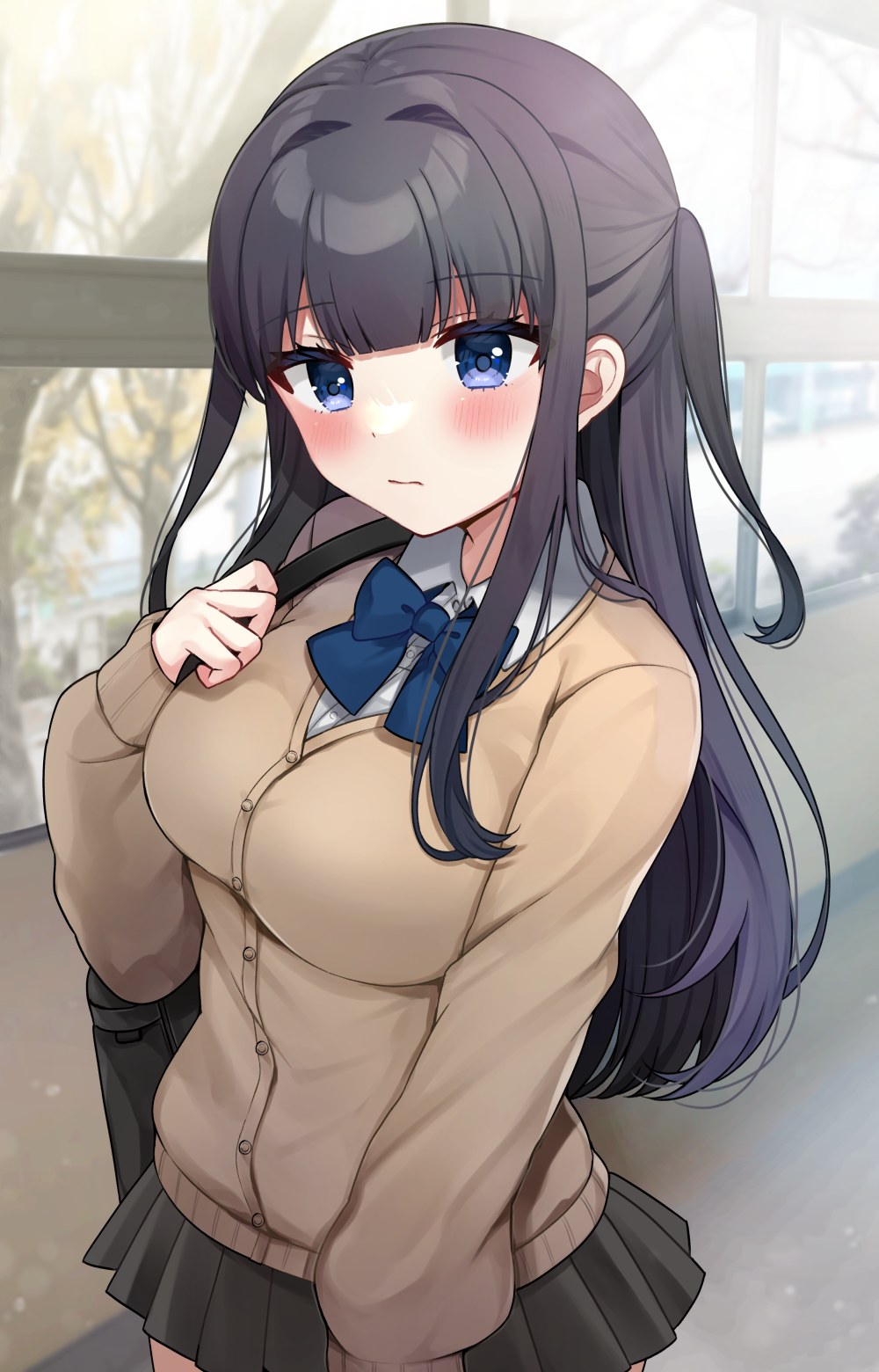 1girl bag black_hair black_skirt blue_bow blue_eyes blurry blurry_background blush bow breasts brown_cardigan cardigan closed_mouth collared_shirt commentary_request depth_of_field dress_shirt hand_up highres long_hair long_sleeves looking_at_viewer medium_breasts minami_saki original pleated_skirt puffy_long_sleeves puffy_sleeves school_bag school_uniform shirt skirt sleeves_past_wrists solo two_side_up very_long_hair white_shirt