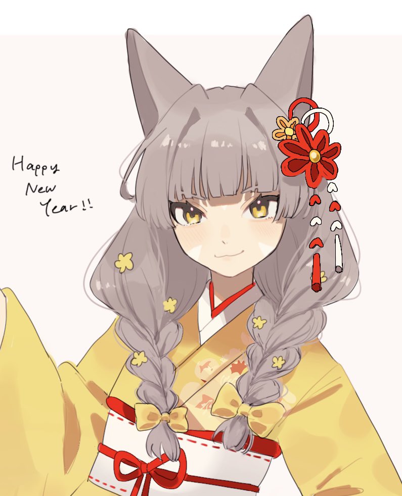 1girl animal_ears blunt_bangs braid cat_ears cheese_dakke closed_mouth commentary_request eyelashes flower grey_hair hair_flower hair_ornament happy_new_year japanese_clothes kimono long_hair multiple_girls nia_(xenoblade) simple_background smile solo twin_braids upper_body white_background xenoblade_chronicles_(series) xenoblade_chronicles_2 yellow_eyes yukata