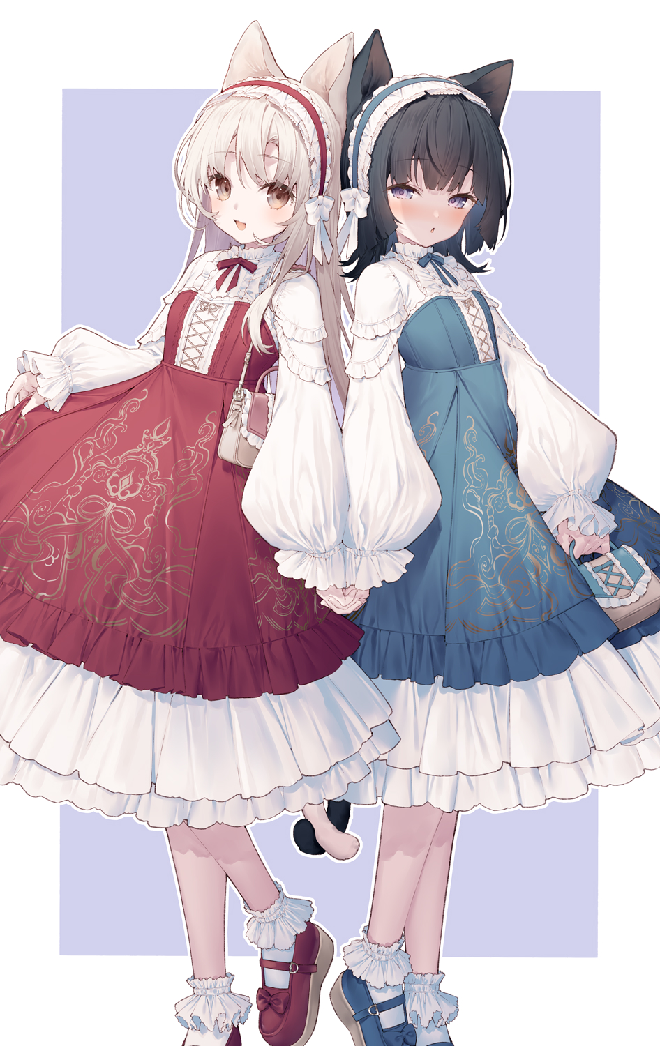 2girls :d animal_ears black_hair blue_dress blue_footwear blue_hairband blush brown_eyes brown_hair commentary_request dress frilled_hairband frills hairband half-closed_eyes highres intertwined_tails long_hair long_sleeves multiple_girls original parted_lips puffy_long_sleeves puffy_sleeves purple_background red_dress red_footwear red_hairband shirt sleeves_past_wrists smile socks standing standing_on_one_leg tail tokuno_yuika two-tone_background violet_eyes white_background white_shirt white_socks