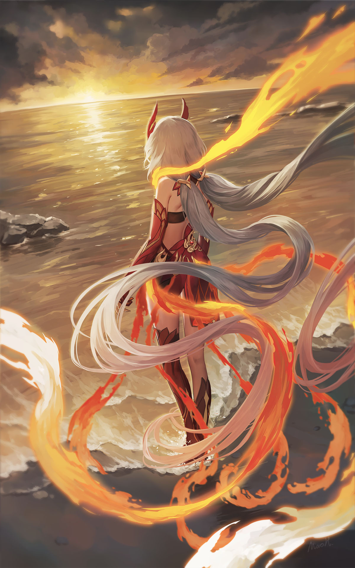 1girl absurdly_long_hair animal_hands animal_legs back bare_shoulders beach black_shorts black_sports_bra chinese_clothes claws detached_sleeves elbow_gloves feathers fire from_behind fu_hua fu_hua_(garuda) gloves hair_between_eyes highres honkai_(series) honkai_impact_3rd long_hair low-tied_long_hair low_twintails maoh_yueer multicolored_hair ocean red_gloves red_rope redhead rock rope shorts solo sports_bra sportswear streaked_hair sunlight tail twintails two-tone_hair very_long_hair white_hair