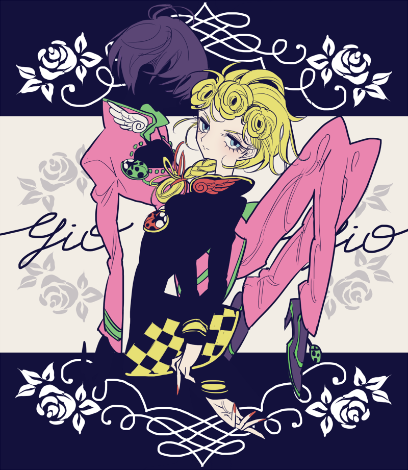 2boys androgynous black_hair blending blonde_hair blue_eyes braid brooch bug character_name dual_persona faceless faceless_male floral_background flower giorno_giovanna jacket jewelry jojo_no_kimyou_na_bouken knees_up ladybug leaning_back long_hair looking_at_viewer male_focus meremero multiple_boys nail_polish pants pink_jacket pink_pants red_nails rose short_hair silhouette standing vento_aureo