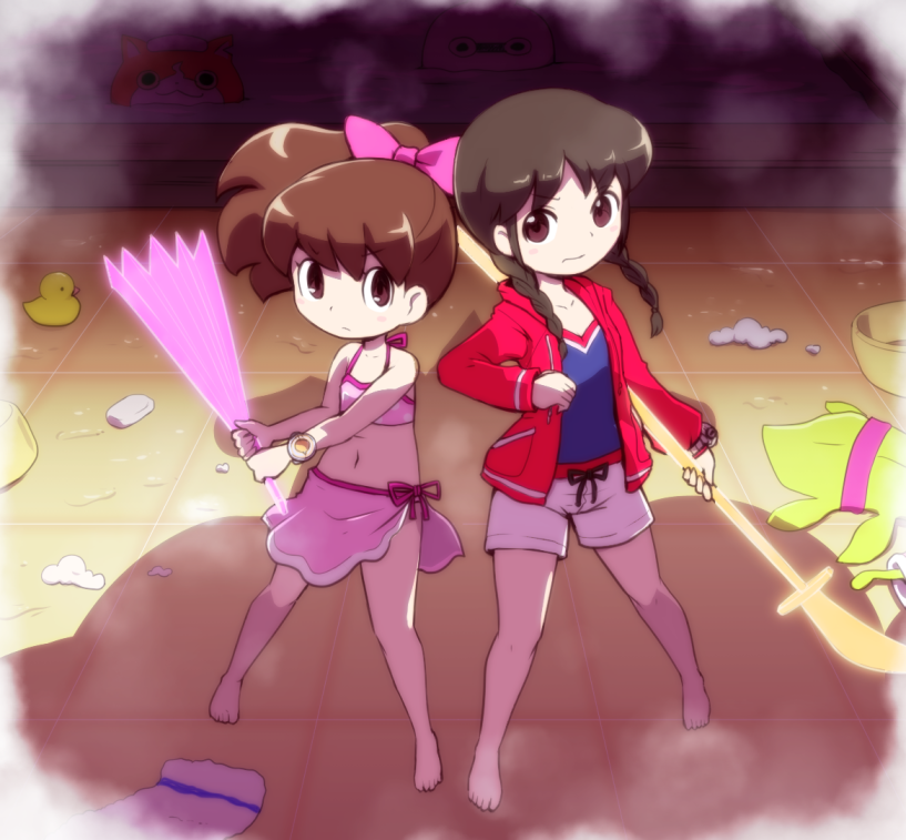 2girls amano_natsume barefoot black_hair braid brown_eyes brown_hair character_request high_ponytail holding holding_polearm holding_weapon jacket jibanyan kodama_fumika multiple_girls naginata navel nollety polearm ponytail rubber_duck shorts twin_braids watch watch weapon whisper_(youkai_watch) youkai_(youkai_watch) youkai_watch youkai_watch_(object)