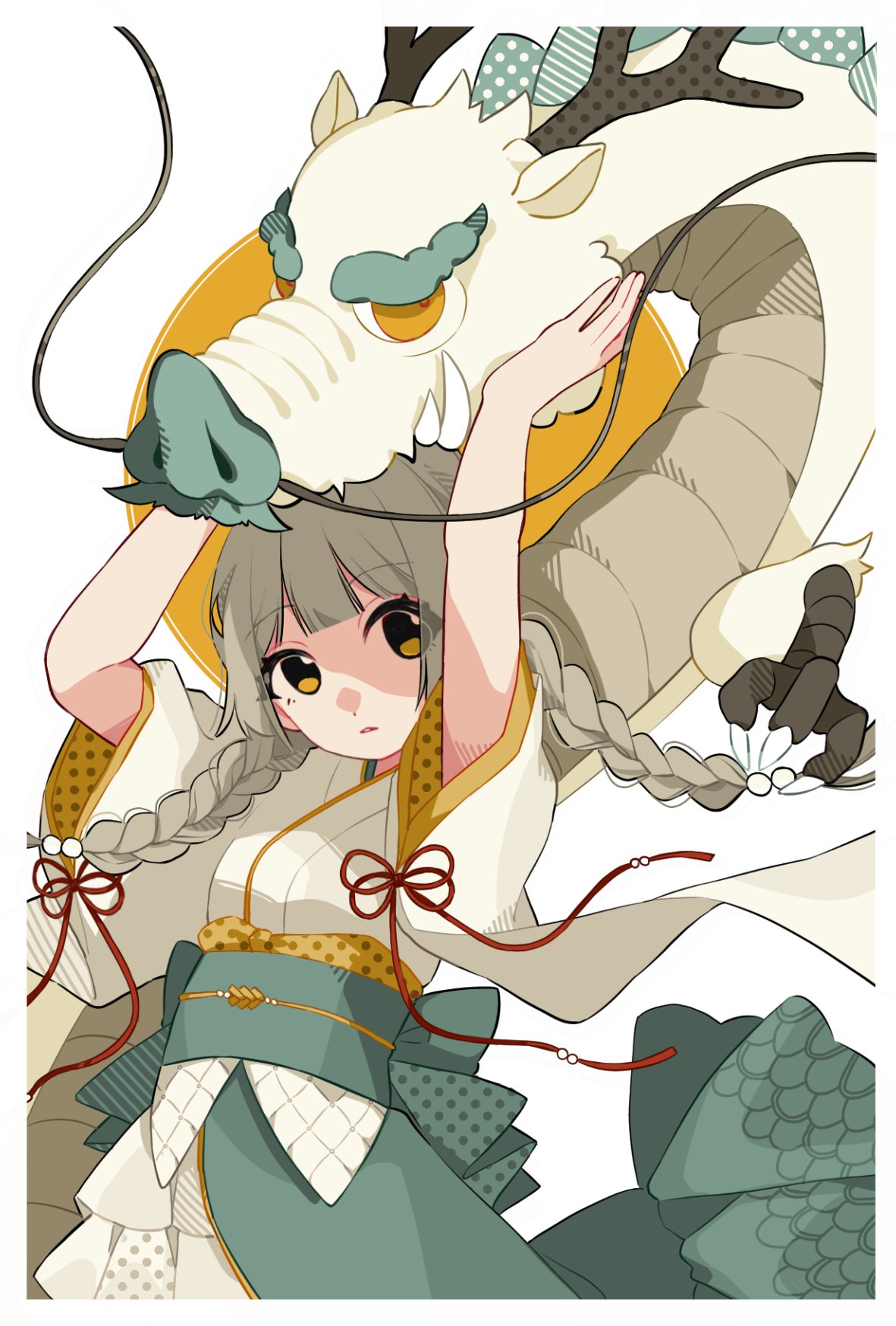 1girl arms_up braid character_request chinese_zodiac claws copyright_request dragon dragon_horns highres horns japanese_clothes kimono new_year obi red_ribbon ribbon sash simple_background solo twin_braids white_background year_of_the_dragon yellow_eyes zzz_sena_0