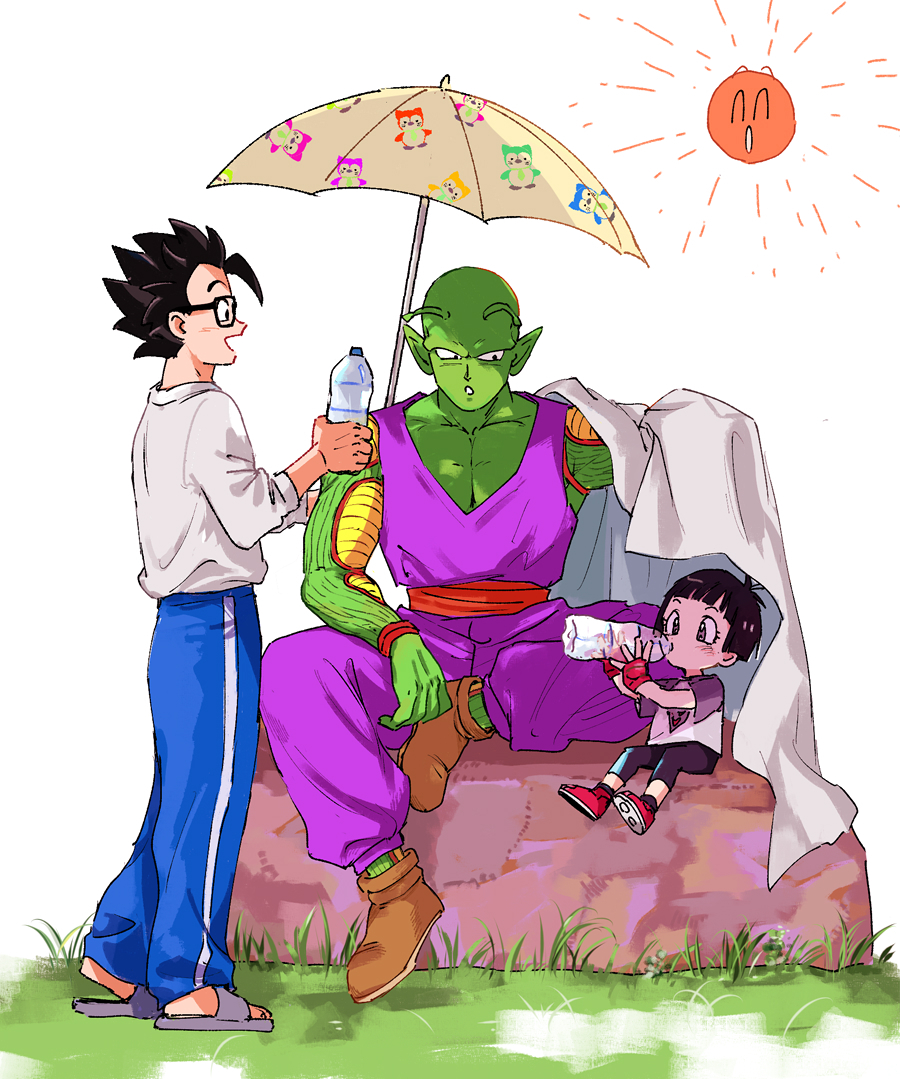 1girl 2boys :d antenna_hair black-framed_eyewear black_hair black_pants blanket blue_pants blunt_bangs blush boots bottle brown_footwear child collarbone commentary_request dougi dragon_ball dragon_ball_super dragon_ball_super_super_hero drinking eyelashes father_and_daughter fingerless_gloves glasses gloves grass grey_footwear hand_up hands_up holding holding_bottle long_sleeves looking_at_another multiple_boys namekian no_eyebrows open_mouth pan_(dragon_ball) pants parasol parted_lips pectorals piccolo pny_panya pointy_ears profile purple_pants red_footwear red_gloves red_sash rock sandals sash shirt shirt_tucked_in short_hair short_sleeves simple_background sitting smile son_gohan spiky_hair standing sun t-shirt umbrella water_bottle white_background white_shirt
