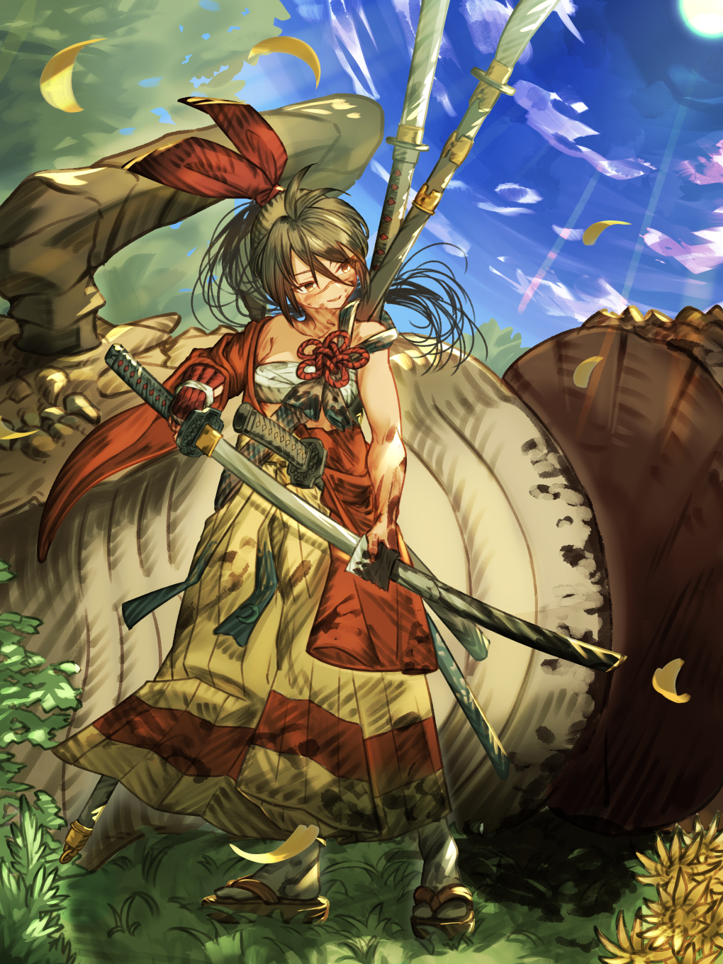1girl black_hair blood blood_on_hands blood_on_weapon blue_sky bow cleaning cleaning_sword cleaning_weapon grass hair_between_eyes hair_bow hakama highres isekai_samurai japanese_clothes katana outdoors parted_lips ponytail red_bow sandals sarashi scar scar_on_face scar_on_nose sky smile solo standing sword tabi takako_(takako25252525) tsukitsuba_ginko weapon weapon_on_back wide_sleeves