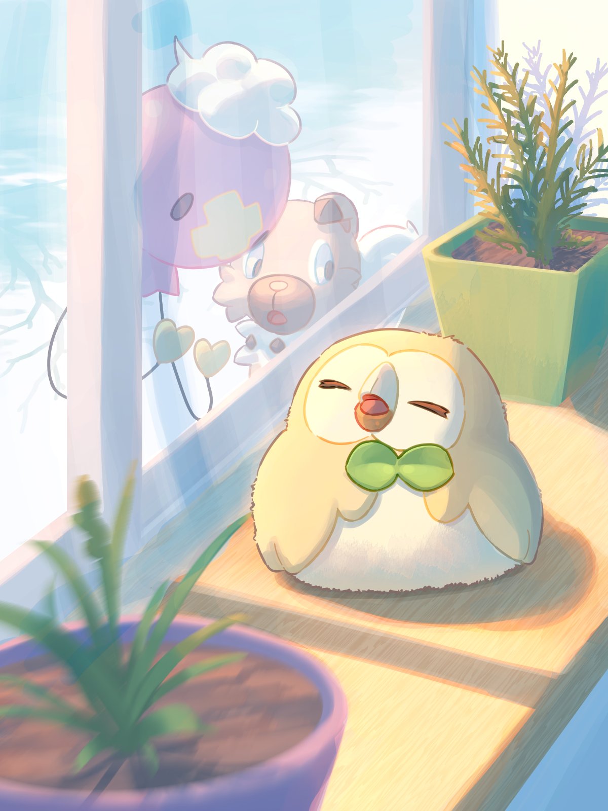 bird closed_eyes commentary_request day drifloon highres indoors mokukitusui no_humans open_mouth owl plant pokemon pokemon_(creature) potted_plant rockruff rowlet window