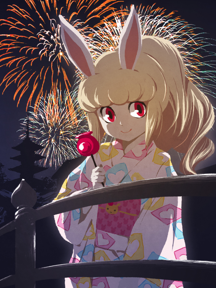 1girl animal_ears architecture blonde_hair candy_apple east_asian_architecture fireworks food high_ponytail japanese_clothes kimono kirara_(hitominak3) long_hair looking_at_viewer outdoors rabbit_ears rabbit_girl red_eyes smile snowrabby solo youkai_(youkai_watch) youkai_watch