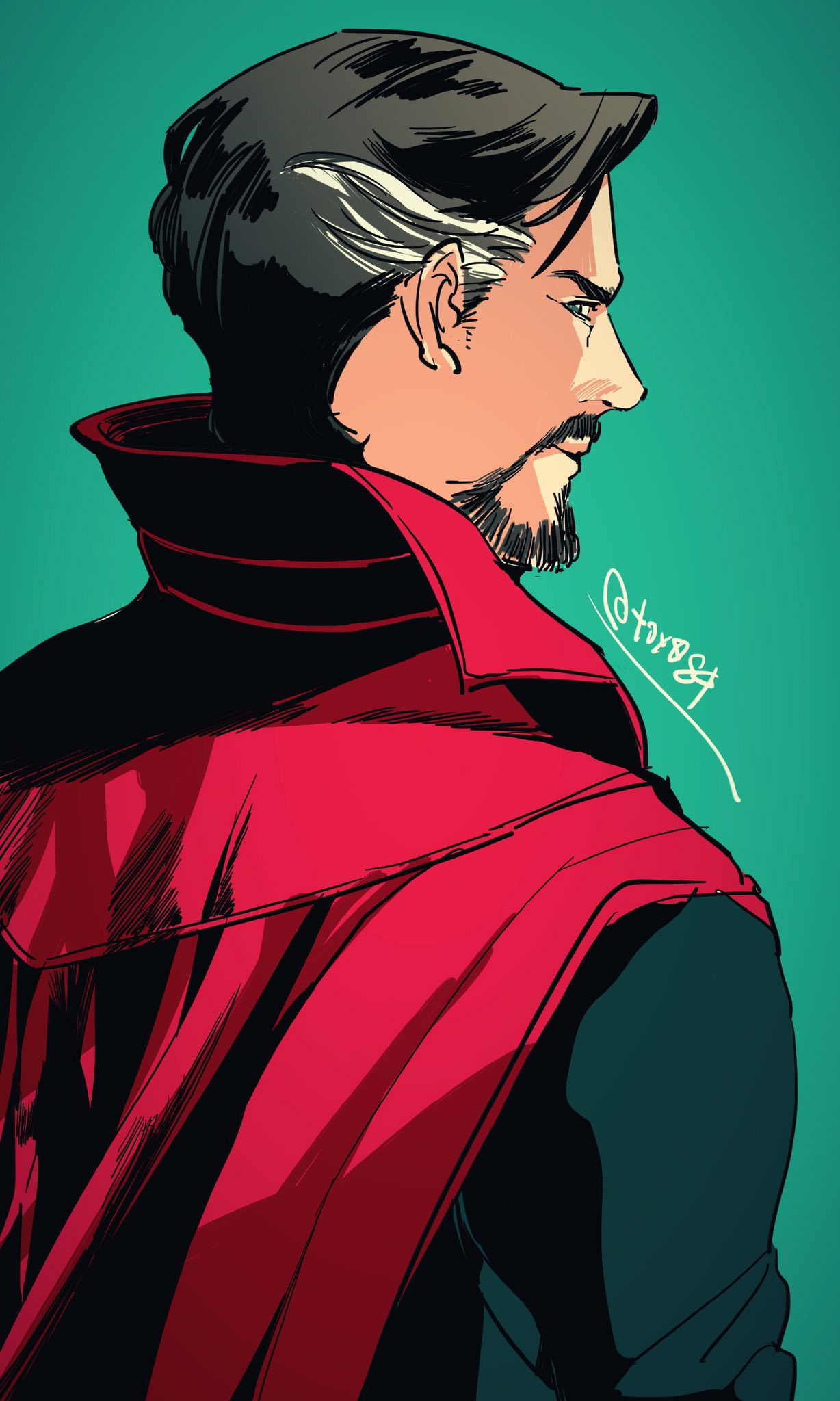 1boy aqua_background artist_name back black_hair blue_eyes blue_shirt cloak closed_mouth doctor_strange doctor_strange_(2016_movie) facial_hair from_behind grey_hair highres long_sleeves looking_at_viewer looking_back male_focus marvel marvel_cinematic_universe multicolored_hair red_cloak shirt short_hair simple_background solo standing toy_(toy084) two-tone_hair v-shaped_eyebrows