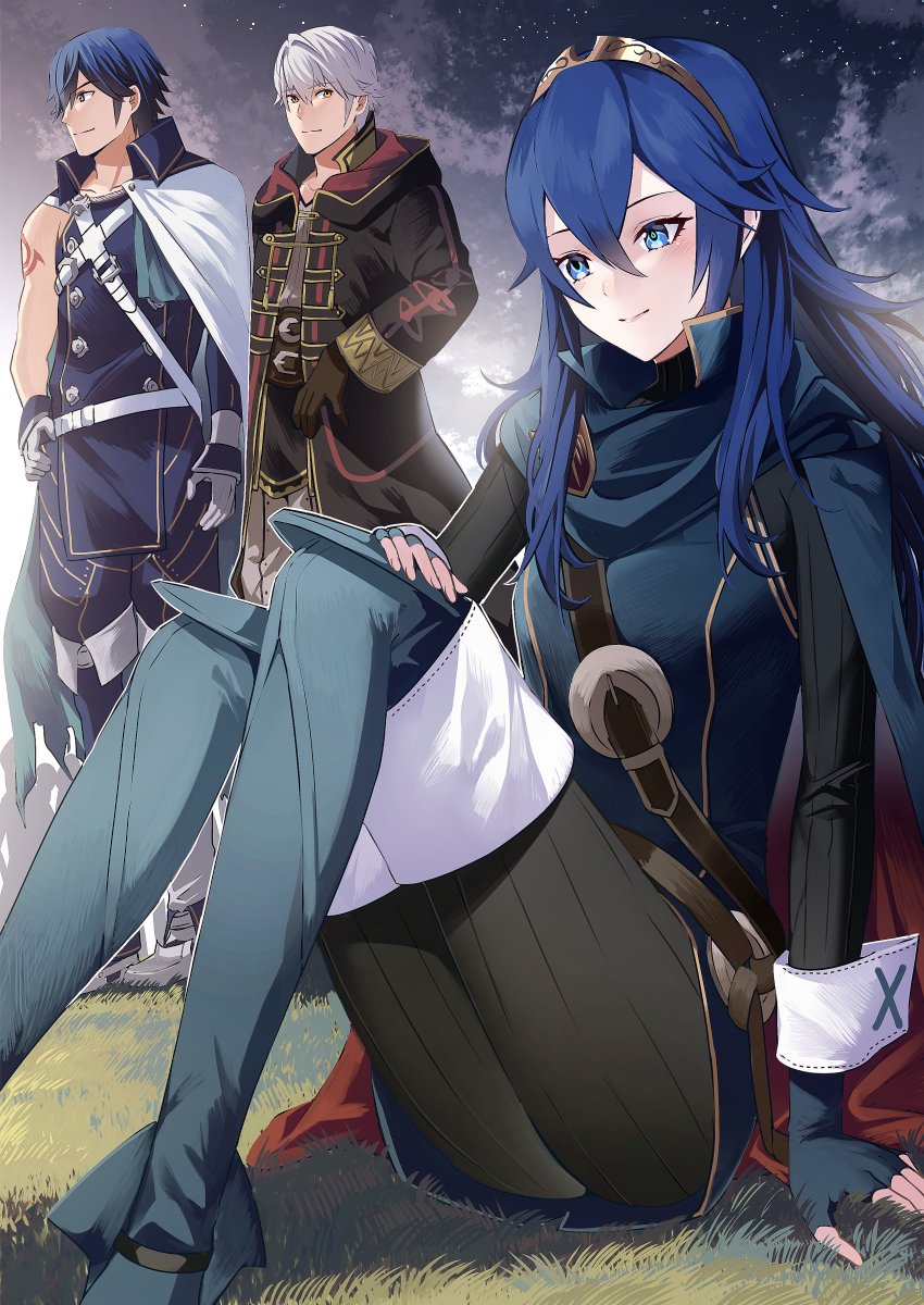 1girl 2boys ameno_(a_meno0) arm_tattoo black_gloves black_robe black_sweater blue_cape blue_eyes blue_gloves blue_hair blush brown_eyes cape chrom_(fire_emblem) closed_mouth father_and_daughter feet_out_of_frame fingerless_gloves fire_emblem fire_emblem_awakening gloves grass hair_between_eyes highres hood hood_down hooded_robe knees_up legs long_hair long_sleeves looking_at_another lucina_(fire_emblem) multiple_boys muscular muscular_male night night_sky outdoors pants red_cape ribbed_sweater robe robin_(fire_emblem) robin_(male)_(fire_emblem) short_hair single_sleeve sitting sky smile sweater tattoo tiara turtleneck turtleneck_sweater two-tone_cape white_cape white_gloves white_hair white_pants