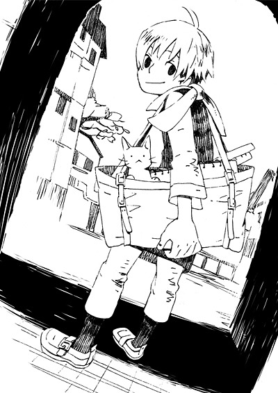 1boy 21grams-a ahoge ankle_socks arch bag belt belt_buckle buckle cat commentary_request from_behind full_body greyscale holding holding_bag long_sleeves looking_at_viewer male_focus monochrome original outdoors pants scarf shadow shirt shoe_belt shoes short_hair socks solo tote_bag town tree uwabaki vest