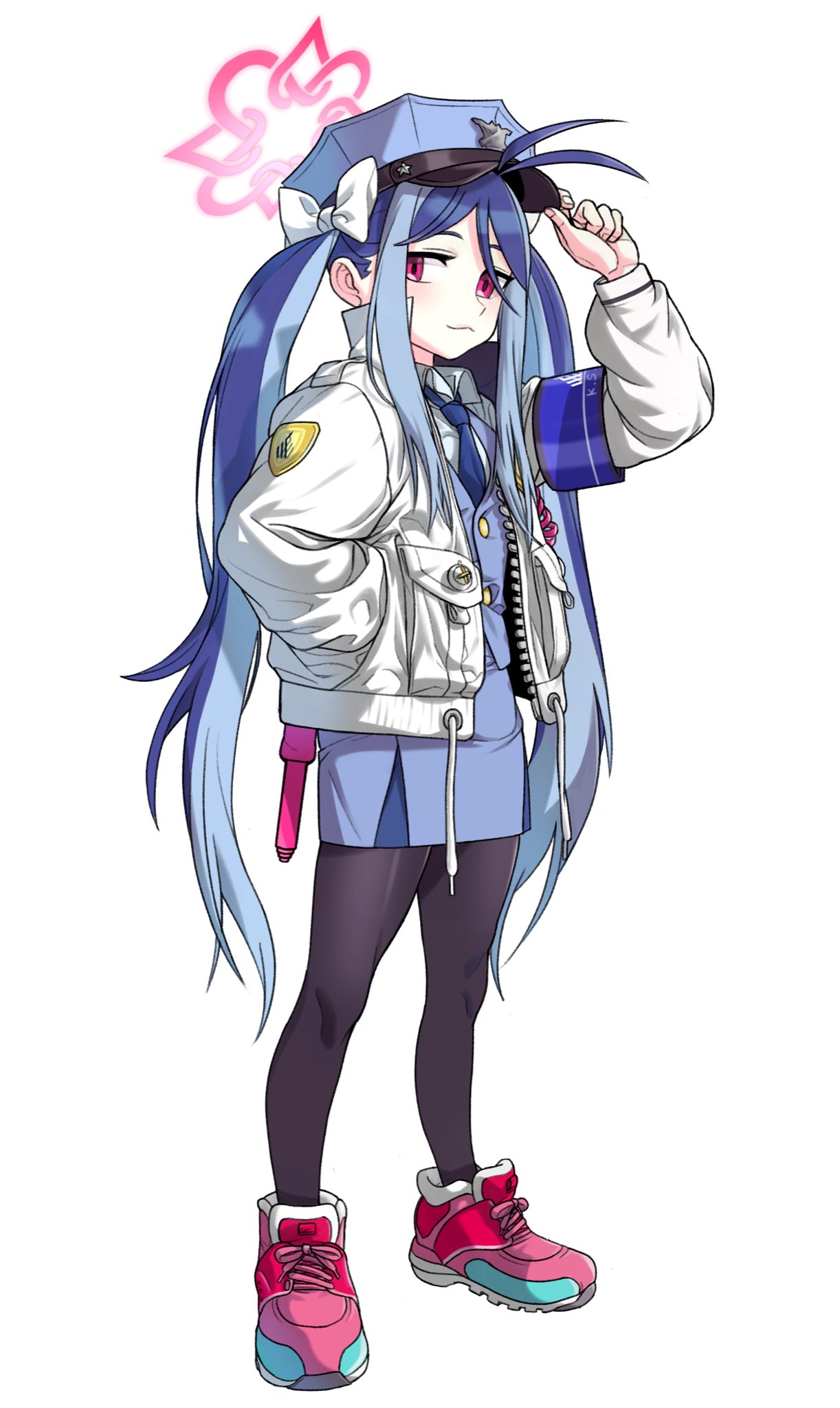 :3 antenna_hair armband black_pantyhose blue_archive blue_armband blue_hair blue_necktie blue_skirt blue_vest blush bow closed_mouth collared_shirt fubuki_(blue_archive) full_body hair_bow halo hand_in_pocket hand_on_headwear hand_up highres jacket long_hair long_sleeves looking_at_viewer mushroom_(osh320) necktie open_clothes open_jacket pantyhose pencil_skirt pink_footwear police police_uniform red_eyes shirt shoes sidelocks simple_background skirt sneakers standing twintails uniform very_long_hair vest white_background white_bow white_jacket white_shirt