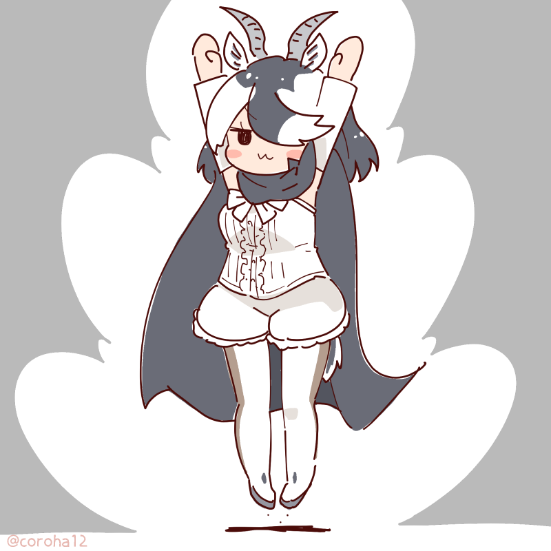 1girl animal_ears arms_up black_hair blackbuck_(kemono_friends) bow bowtie cloak coroha elbow_gloves extra_ears full_body gloves grey_background hair_over_one_eye horns jumping kemono_friends long_hair looking_at_viewer multicolored_hair pantyhose shirt shoes shorts simple_background sleeveless sleeveless_shirt solo tail two-tone_hair white_hair