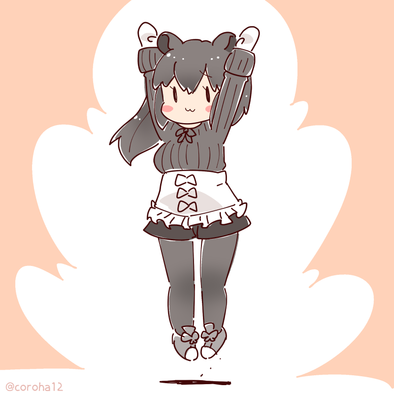 1girl animal_ears arms_up black_hair bow bowtie coroha extra_ears full_body gloves jumping kemono_friends long_hair looking_at_viewer malayan_tapir_(kemono_friends) pantyhose pink_background shoes shorts simple_background solo sweater tapir_ears tapir_girl