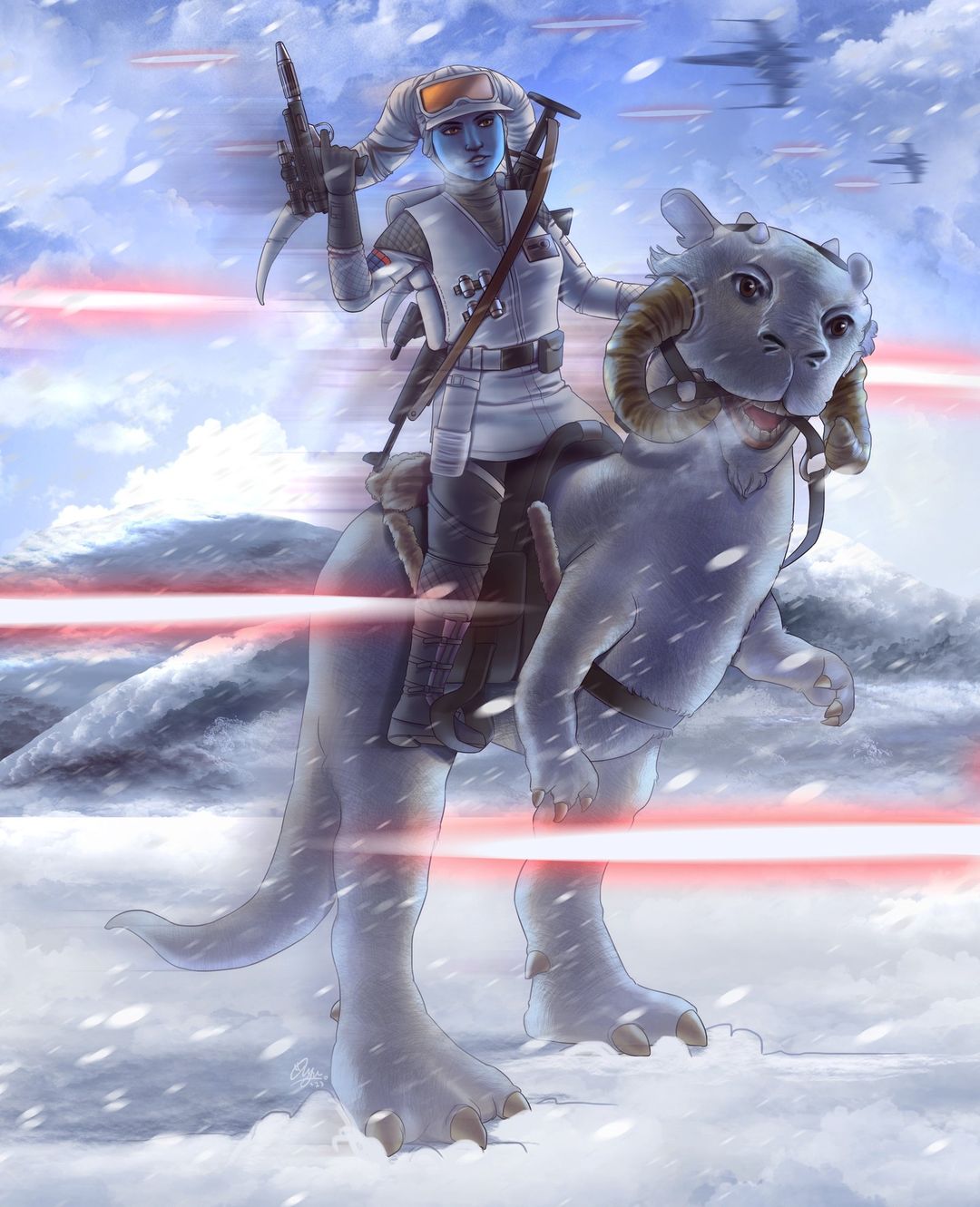 1girl alien battle_of_hoth black_gloves blue_skin brown_pants colored_skin fleetin_sanity gloves goggles goggles_on_headwear gun handgun highres holding holding_gun holding_weapon hoth jacket laser looking_at_viewer outdoors pants snow star_wars star_wars:_the_empire_strikes_back tauntaun twi'lek weapon weapon_request white_jacket x-wing