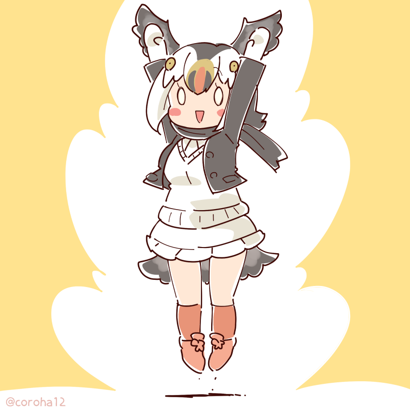 1girl arms_up atlantic_puffin_(kemono_friends) bird_girl bird_tail bird_wings cardigan coroha feathered_wings full_body gloves head_wings jacket jumping kemono_friends looking_at_viewer multicolored_hair shoes short_hair simple_background skirt socks solo tail white_hair wings yellow_background