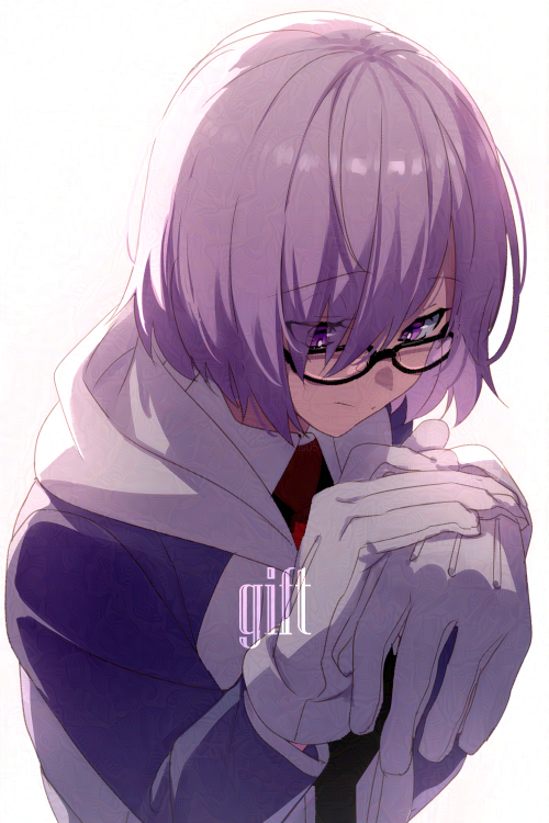 1girl black_dress dress echo_(circa) fate/grand_order fate_(series) glasses gloves grey_jacket hair_over_one_eye jacket long_sleeves mash_kyrielight necktie open_clothes open_jacket purple_hair short_hair smile solo violet_eyes white_gloves