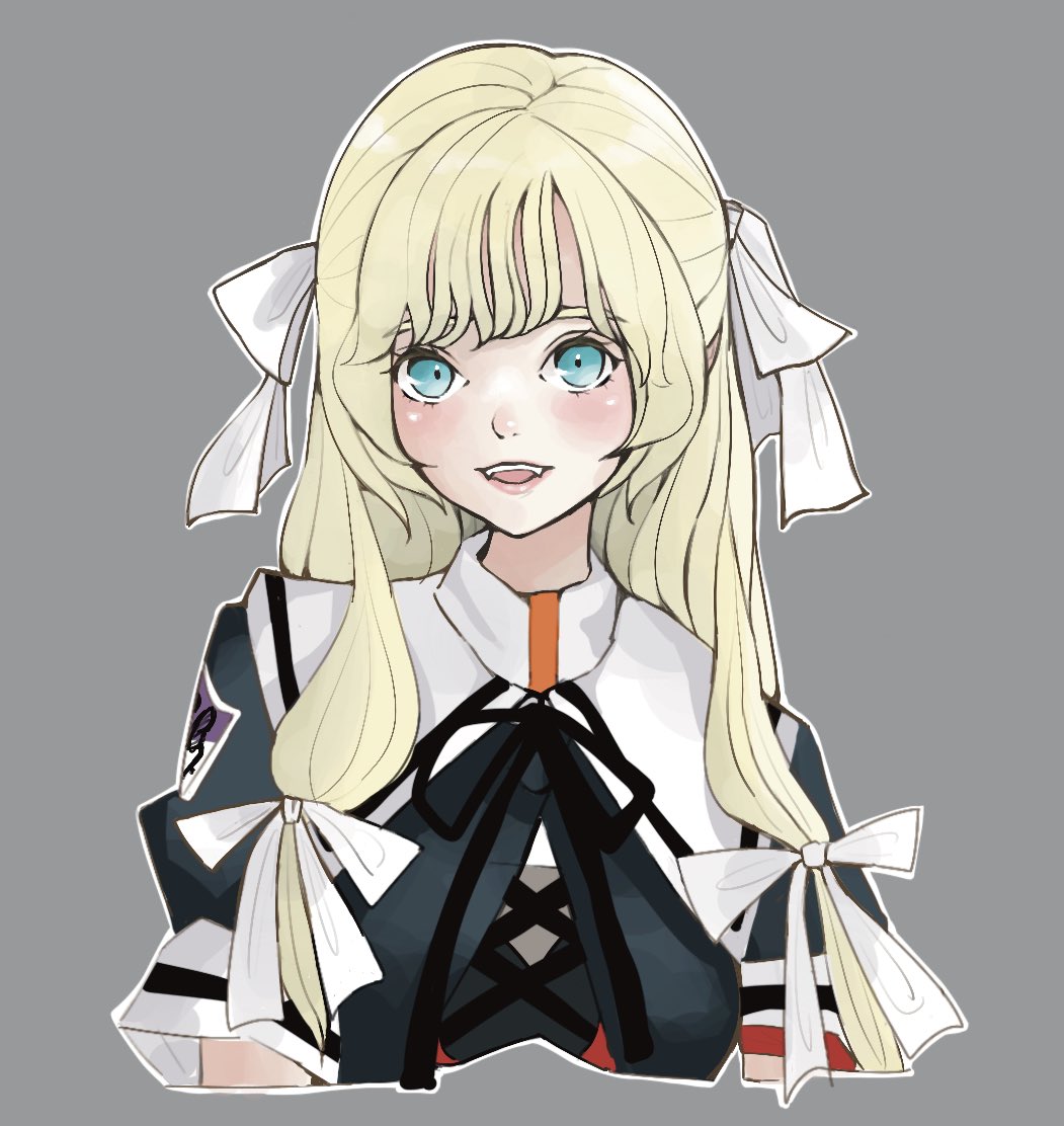1girl arm_ribbon arms_at_sides assault_lily black_ribbon black_shirt blonde_hair blue_eyes blush commentary_request cropped_arms cropped_jacket cropped_torso cross-laced_clothes cross-laced_top fangs grey_background hair_ribbon long_hair looking_at_viewer luise_ingels neck_ribbon parted_lips puffy_short_sleeves puffy_sleeves red_ribbon ribbon sally_(allogkk) school_uniform shirt short_sleeves simple_background smile solo teeth upper_body upper_teeth_only white_ribbon yurigaoka_girls_academy_school_uniform