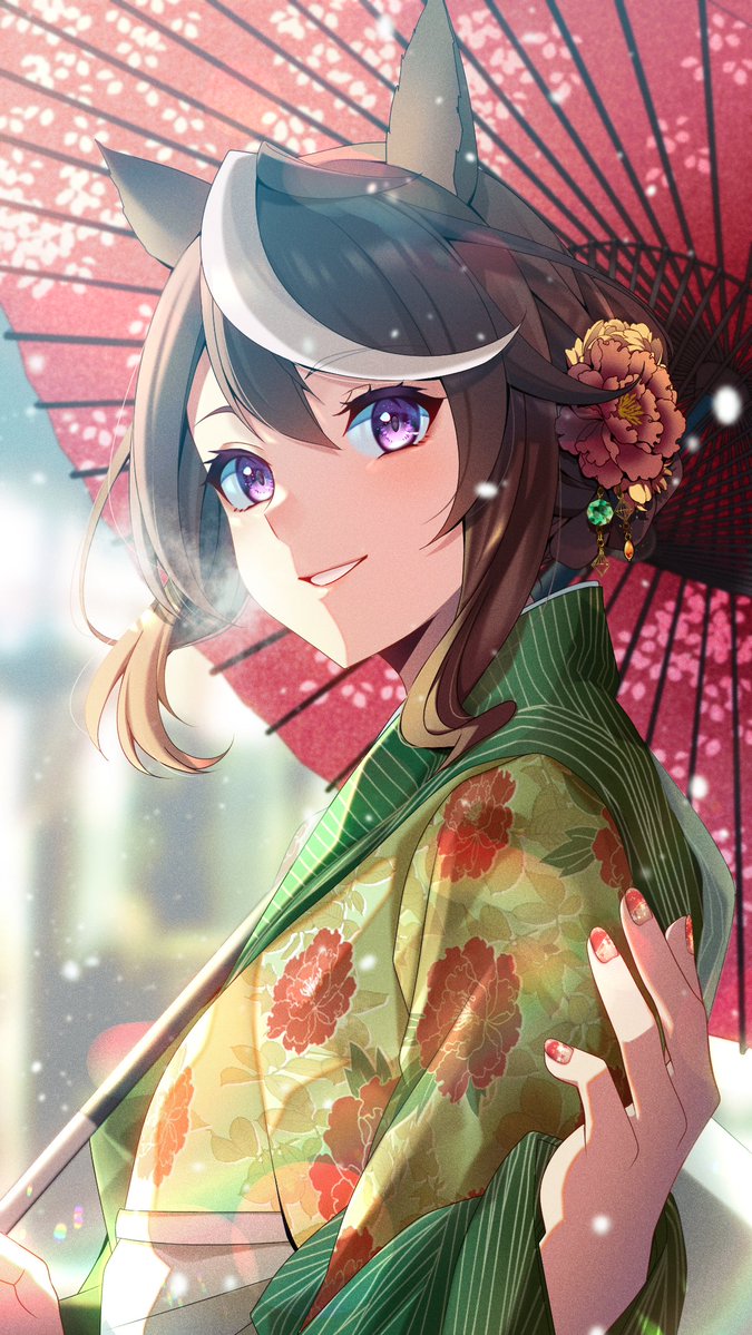 1girl alternate_costume alternate_hairstyle animal_ears aoi_(07aoi15) blurry blurry_background breath brown_hair floral_print flower green_kimono hair_bun hair_flower hair_ornament hand_up holding holding_umbrella horse_ears japanese_clothes kimono long_sleeves looking_at_another looking_at_viewer multicolored_hair obi oil-paper_umbrella open_mouth red_nails sash short_hair smile snow solo streaked_hair symboli_rudolf_(umamusume) umamusume umbrella upper_body violet_eyes yukata