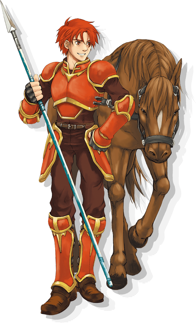 1boy alen_(fire_emblem) armor fingerless_gloves fire_emblem fire_emblem:_the_binding_blade full_body gloves hand_on_own_hip highres holding holding_polearm holding_weapon horse kaneda_eiji looking_to_the_side official_art pants pauldrons polearm red_armor red_eyes red_pants shoulder_armor smile solo weapon