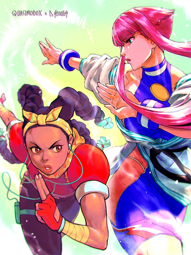 2girls aqua_hair battle belt black_belt black_hair black_pants blue_socks blue_unitard bow_hairband bracer breasts brown_eyes brown_lips colored_tips commentary cropped_jacket dark_skin dodging dougi earphones earphones english_commentary fighting fingerless_gloves forehead gloves green_eyes hairband halterneck hip_vent impossible_clothes kimberly_jackson kuji-in large_breasts long_hair martial_arts_belt medallion midriff multi-tied_hair multicolored_hair multiple_girls neckerchief ninja off_shoulder pants panty_straps pink_hair puffy_short_sleeves puffy_sleeves punching quad_braids quasimodox red_footwear running short_hair_with_long_locks short_sleeves skin_tight small_breasts smartwatch socks street_fighter street_fighter_6 toeless_legwear toned unitard very_dark_skin walkman watch watch yellow_hairband yellow_neckerchief yoga_pants