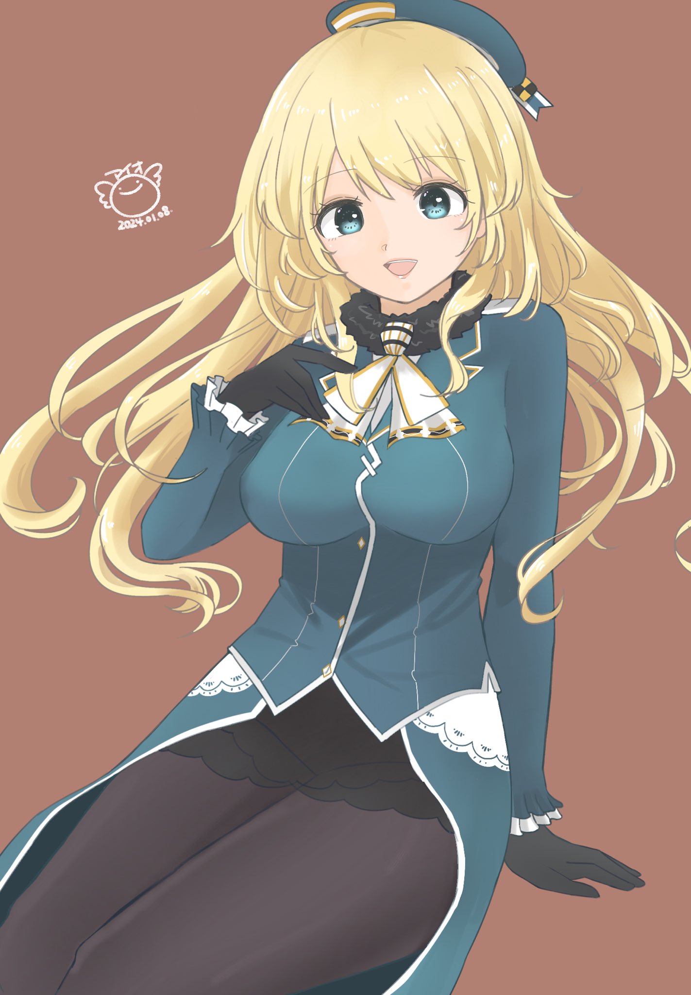 1girl aio ascot atago_(kancolle) beret black_gloves black_pantyhose black_skirt blonde_hair blue_eyes blue_headwear blue_shirt brown_background gloves hat highres invisible_chair kantai_collection long_hair one-hour_drawing_challenge overskirt pantyhose shirt sitting skirt solo white_ascot