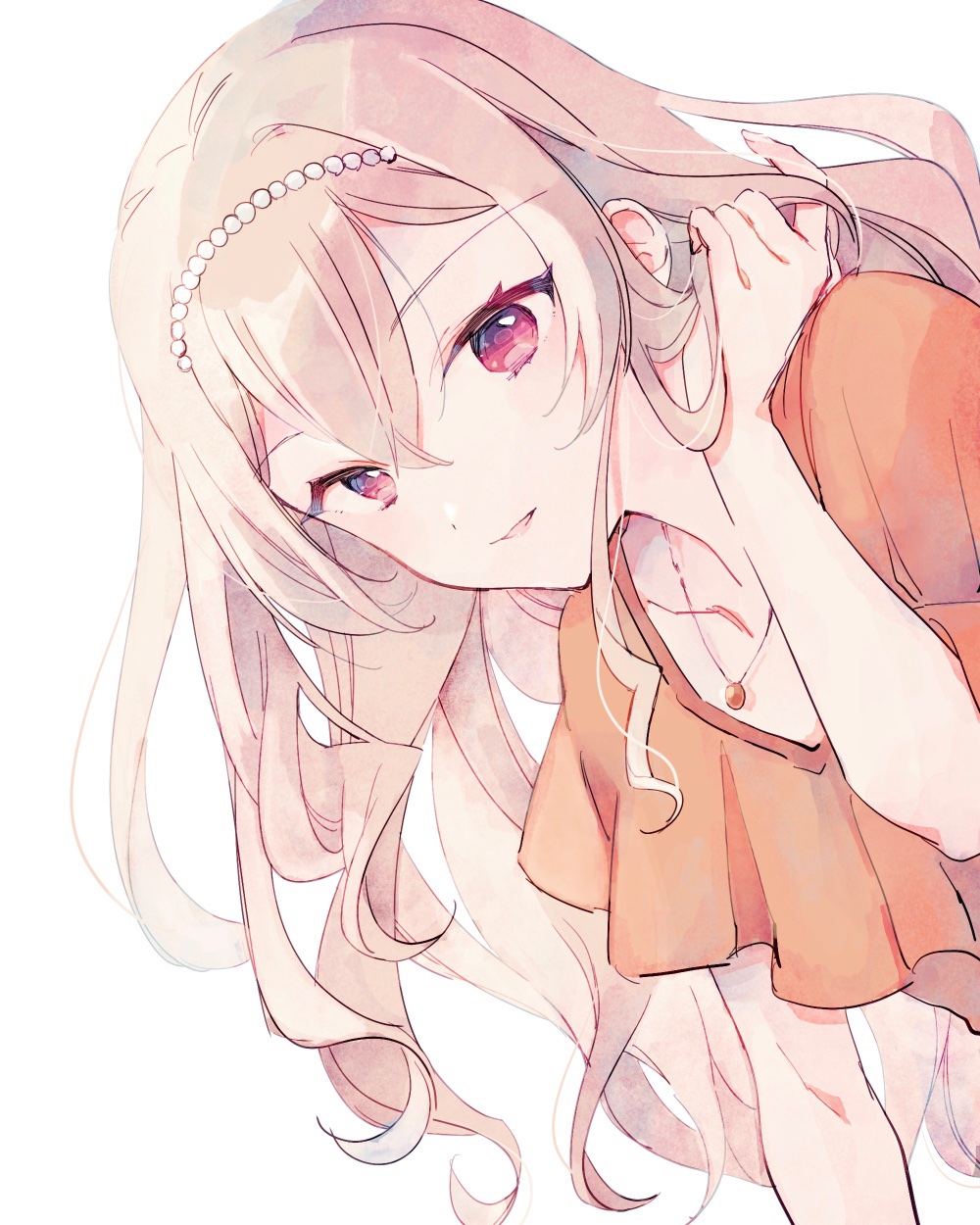 1girl blonde_hair collarbone commentary frilled_shirt frills hair_between_eyes hair_tucking hand_up highres jewelry leaning_forward long_hair looking_at_viewer looking_to_the_side necklace official_alternate_costume orange_shirt parted_lips pearl_hair_ornament pendant red_eyes saijou_claudine shirt short_sleeves shoujo_kageki_revue_starlight simple_background smile solo upper_body wato_(ko) wavy_hair white_background