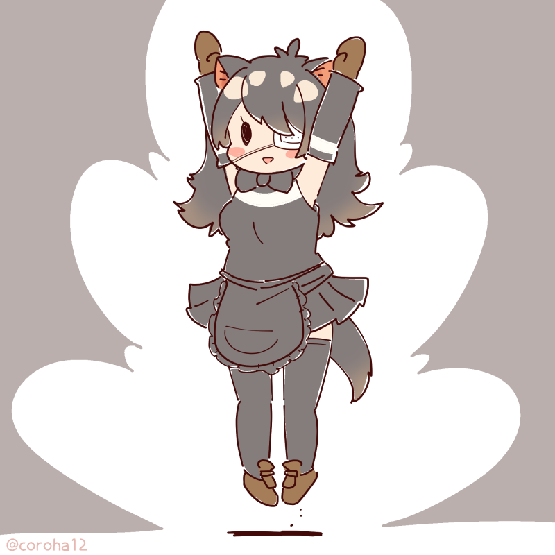 1girl animal_ears apron arms_up australian_devil_(kemono_friends) black_hair bow bowtie coroha elbow_gloves extra_ears eyepatch full_body gloves grey_background jumping kemono_friends long_hair looking_at_viewer shirt shoes simple_background skirt sleeveless sleeveless_shirt solo tail thigh-highs