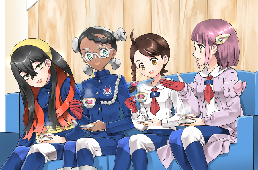 4girls amarys_(pokemon) black_hair blue_jacket blue_pants buttons carmine_(pokemon) collared_shirt commentary_request couch crossed_bangs cup eyelashes glasses gloves hair_between_eyes hair_ornament hairband hairclip holding indoors jacket juliana_(pokemon) lacey_(pokemon) long_hair morisawa_machi multiple_girls open_mouth pants pokemon pokemon_sv purple_hair red_gloves saucer shirt sidelocks single_glove sitting smile steam teacup white_shirt yellow_eyes yellow_hairband