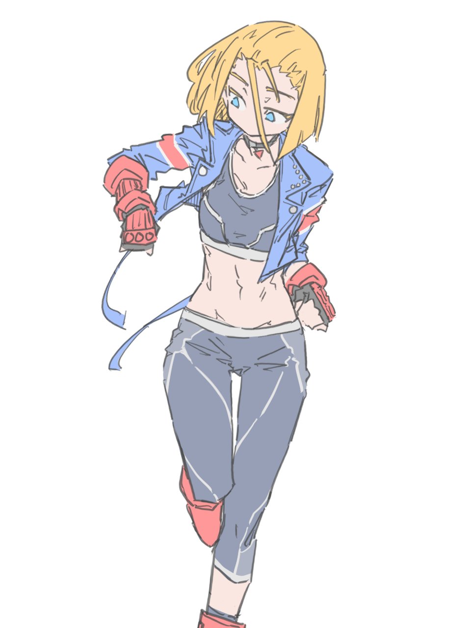 1girl abs blonde_hair blue_eyes boots cammy_white choker combat_boots d_sugama gloves highres jacket navel pants scar scar_on_cheek scar_on_face short_hair sports_bra street_fighter street_fighter_6