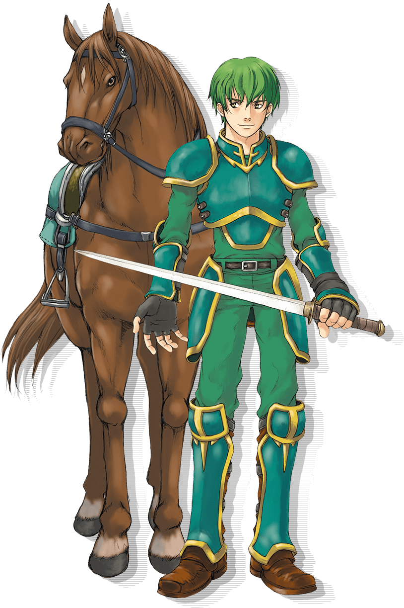 1boy armor brown_footwear fingerless_gloves fire_emblem fire_emblem:_the_binding_blade full_body gloves green_eyes green_hair green_pants highres holding holding_sword holding_weapon kaneda_eiji lance_(fire_emblem) official_art outstretched_arm pants pauldrons shoulder_armor smile solo sword weapon