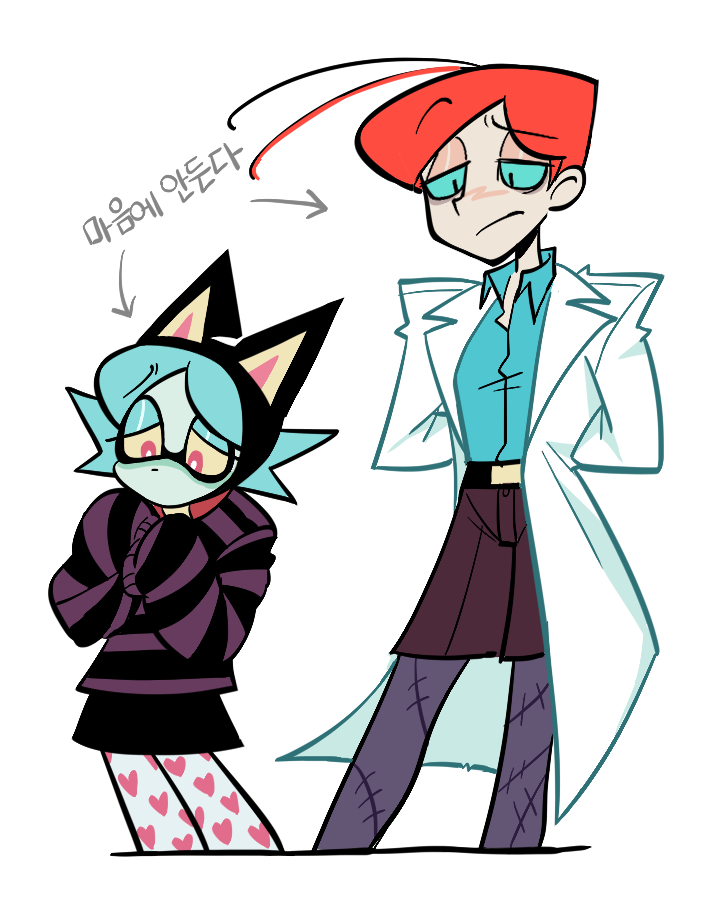 1boy 1girl animal_collar animal_ears arms_behind_back blue_hair blue_sclera blue_shirt cat_ears collar colored_sclera commentary_request fake_animal_ears korean_commentary korean_text lab_coat masacrik mimi_(psychocuties) psychocuties red_eyes sad shirt short_hair simple_background striped striped_sweater sweater translation_request very_long_sleeves white_background wls039 yellow_sclera