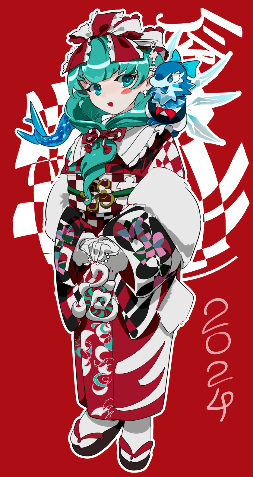 1girl animal_on_shoulder blue_bow blue_wings bow chamaruk chinese_zodiac cirno dragon frilled_ribbon frills front_ponytail full_body green_eyes green_hair hair_bow hair_ribbon happy_new_year highres ice ice_wings japanese_clothes kagiyama_hina kimono looking_at_viewer red_background red_theme ribbon smile touhou wings year_of_the_dragon