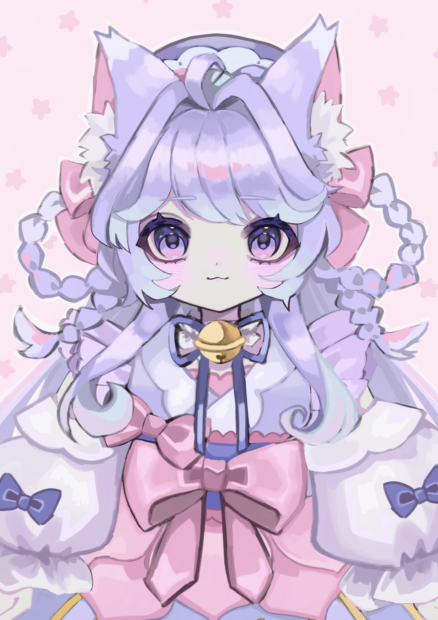 1girl :3 animal_ear_fluff animal_ears bell blue_bow bow braided_hair_rings cat_ears cat_girl closed_mouth hair_ribbon highres jingle_bell long_hair long_sleeves looking_at_viewer neck_bell original pink_background pink_bow pink_ribbon purple_hair purple_headwear ribbon shiona_(siona0625) solo star_(symbol) starry_background straight-on upper_body violet_eyes